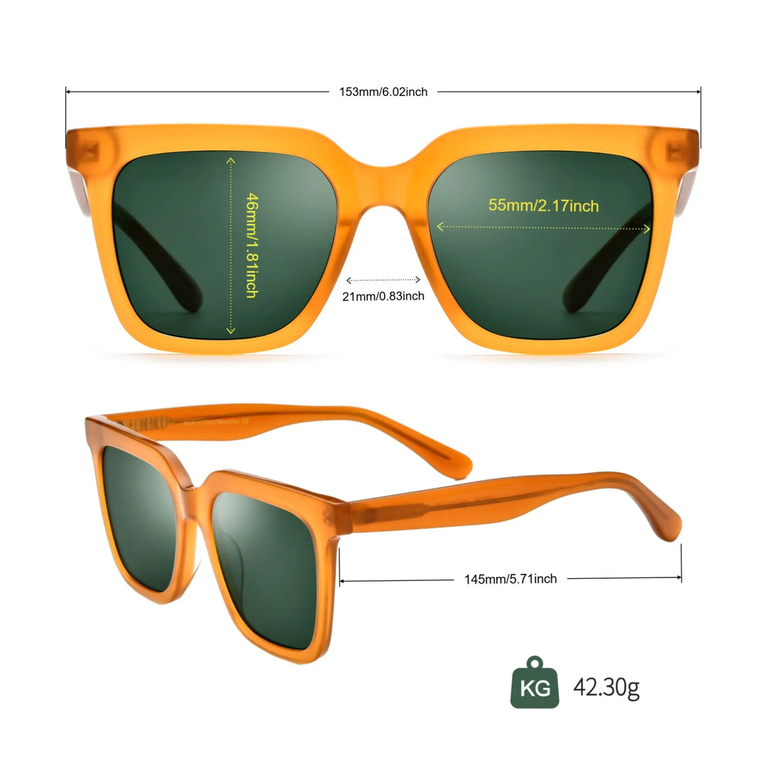 full size chart of VoyueLens™ VL19159 amber yellow square sunglasses with frame and lens measurements