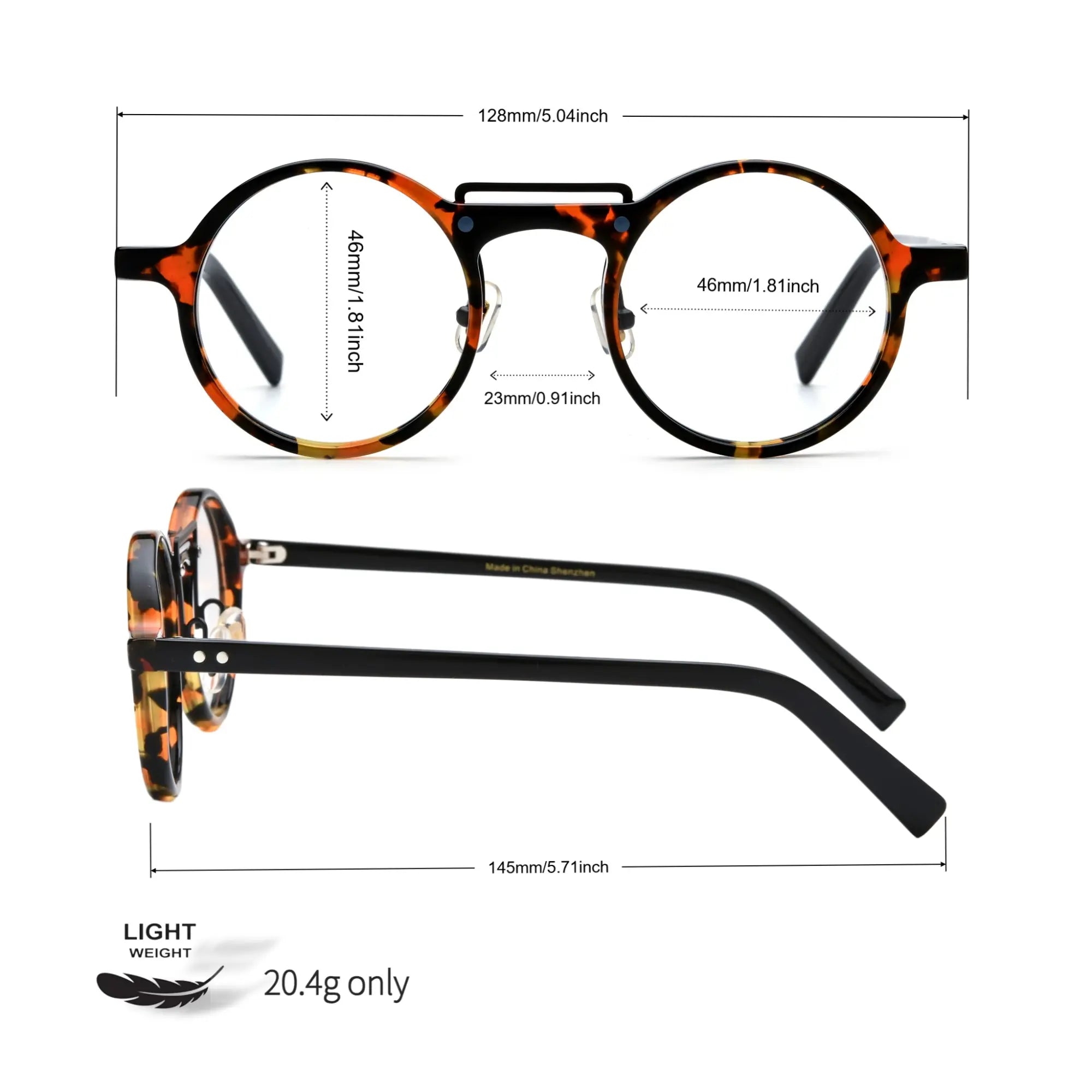 Size chart of VoyueLens™ VL19194-C1 Black Tortoise round eyeglasses with frame, lens, bridge, and temple measurements
