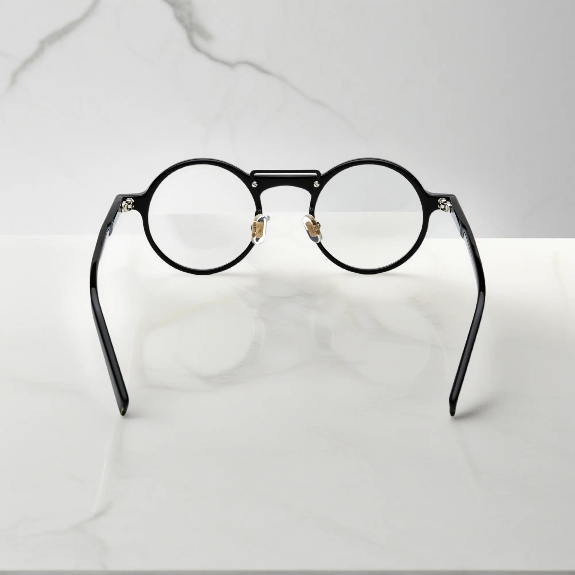Rear look at VoyueLens™ VL19194-C4 Black round eyeglasses highlighting nano-polished acetate finish