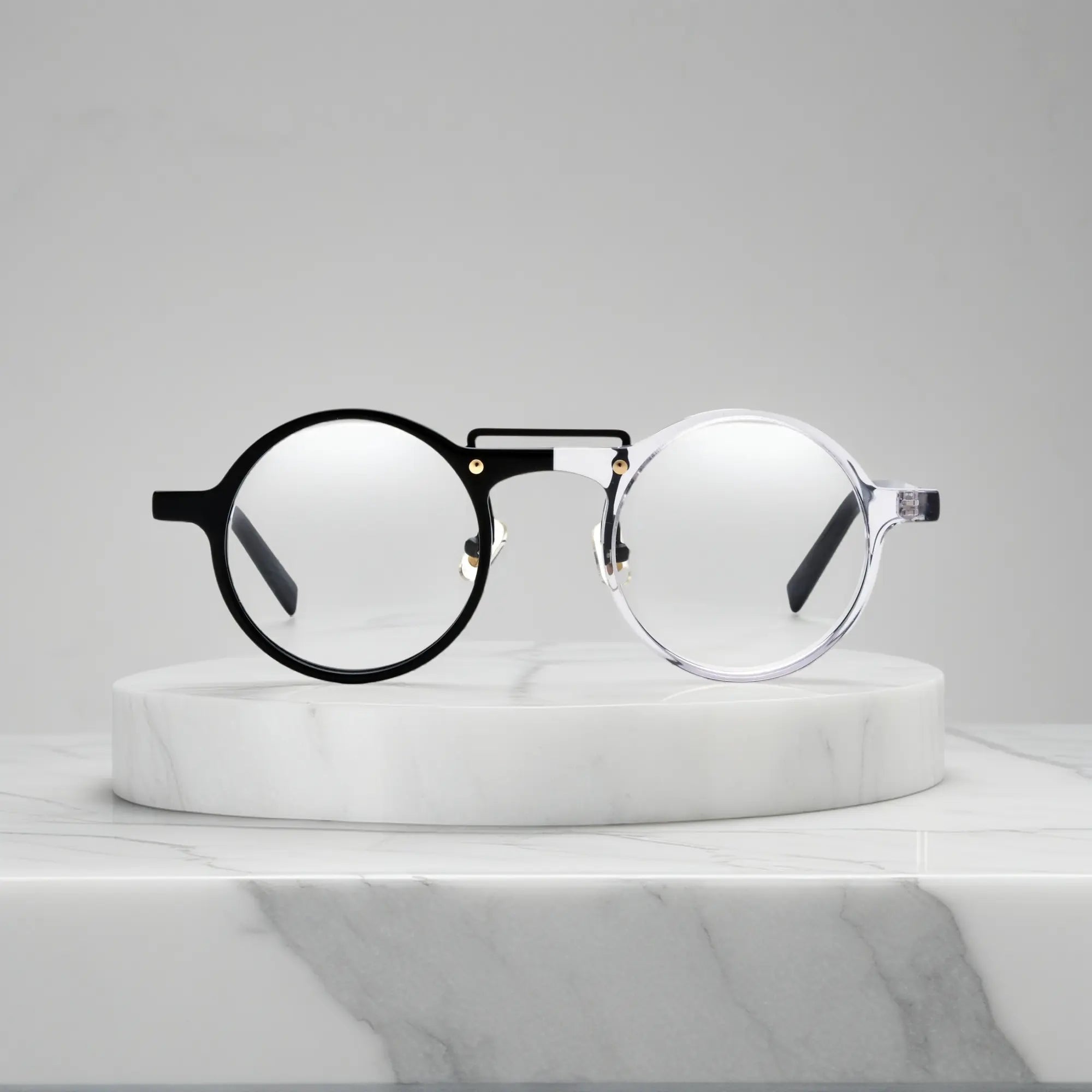 VoyueLens™ VL19194-C5 Black-Clear color block round eyeglasses stylish front view for modern large-face wearers