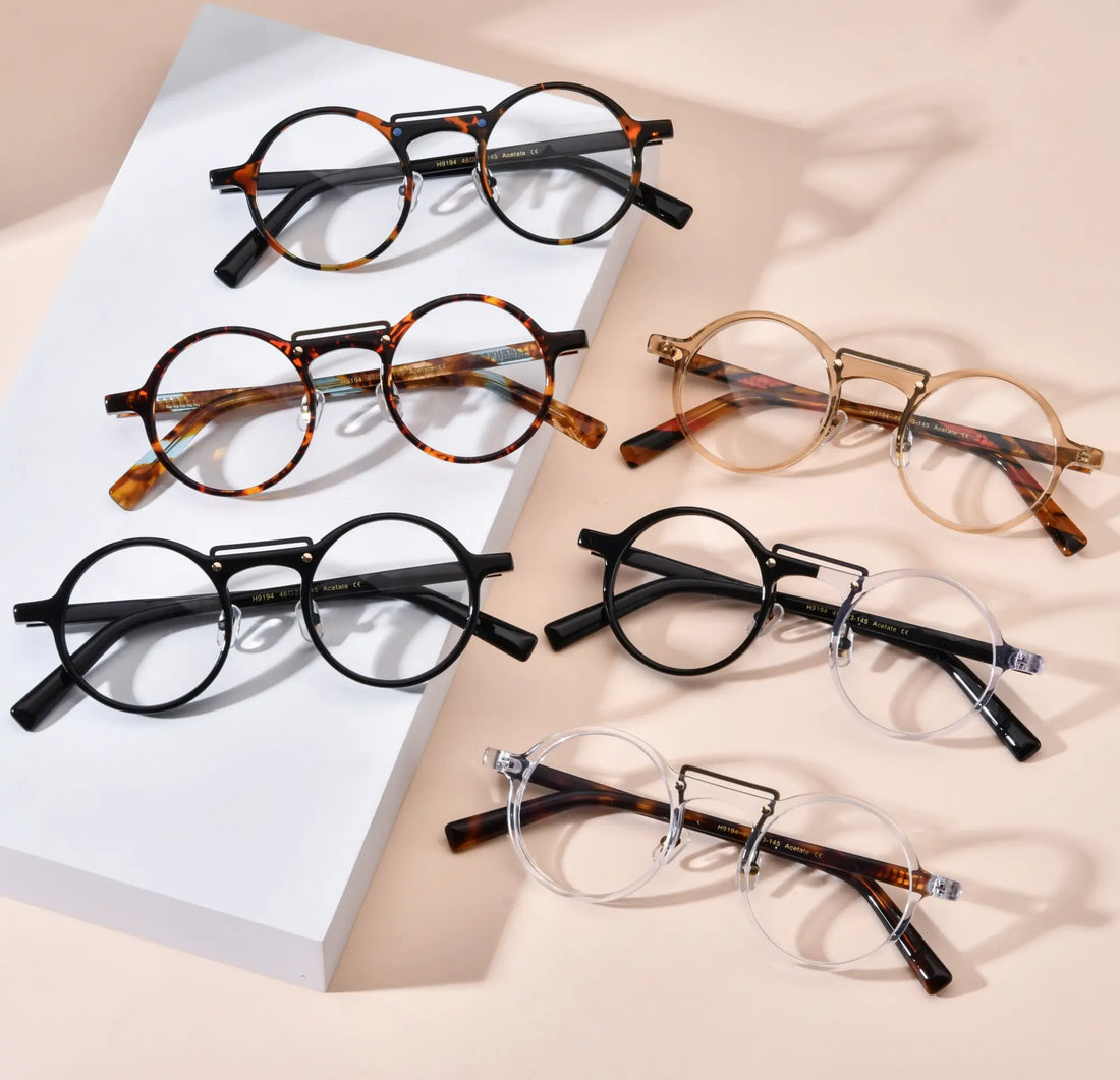 VoyueLens™ VL19194 color variants featuring trendy round eyeglasses for large faces, lightweight acetate frames, including black tortoise, champagne gold, tortoise, black, black-clear, and clear styles.