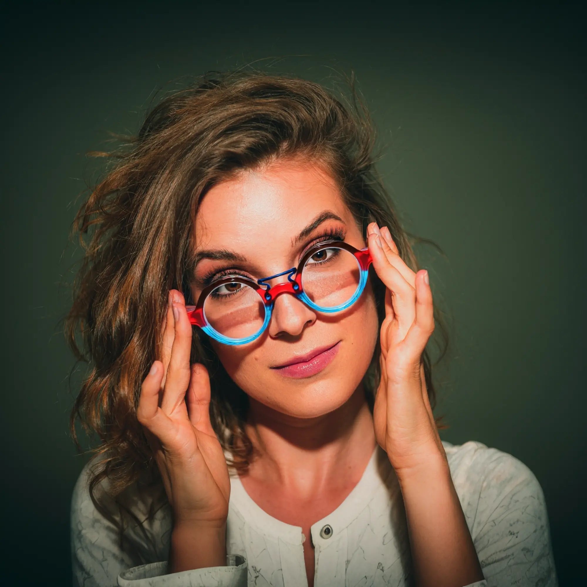 Model wearing VoyueLens™ VL19244 Crimson Blue Fusion acetate eyeglasses with a street-style fashion look for small faces