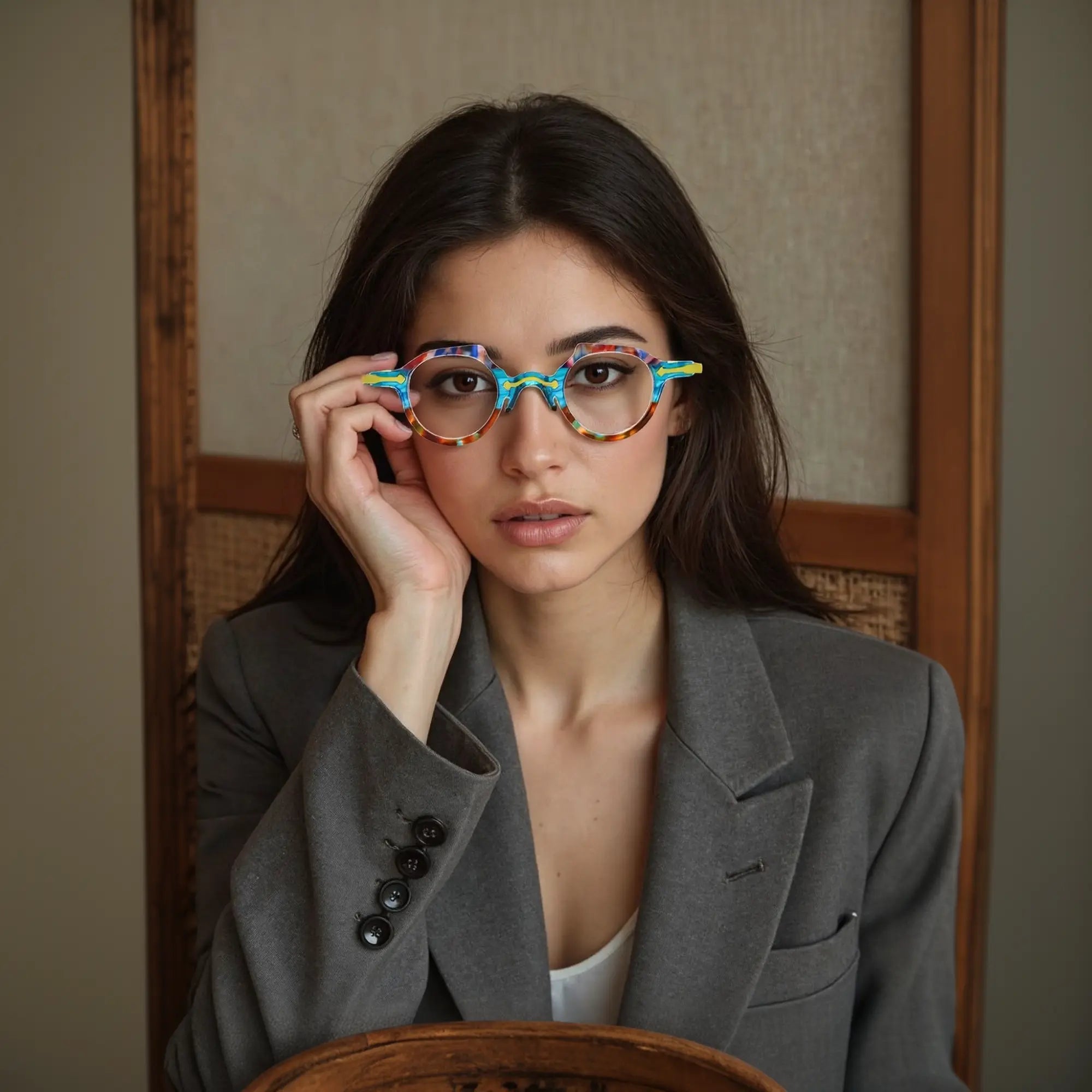 Lifestyle image of a office model wearing the VoyueLens™ VL19341 amber crystal round glasses, styled for a soft, modern, and creative fashion look.