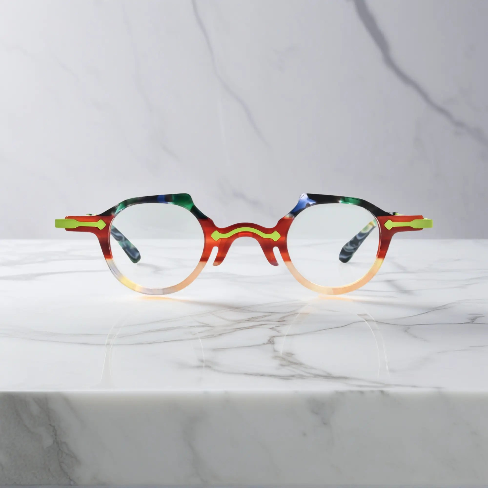 Front image of VoyueLens™ VL19341 in subtle champagne-clear acetate, featuring minimalist design with lightweight elegance.