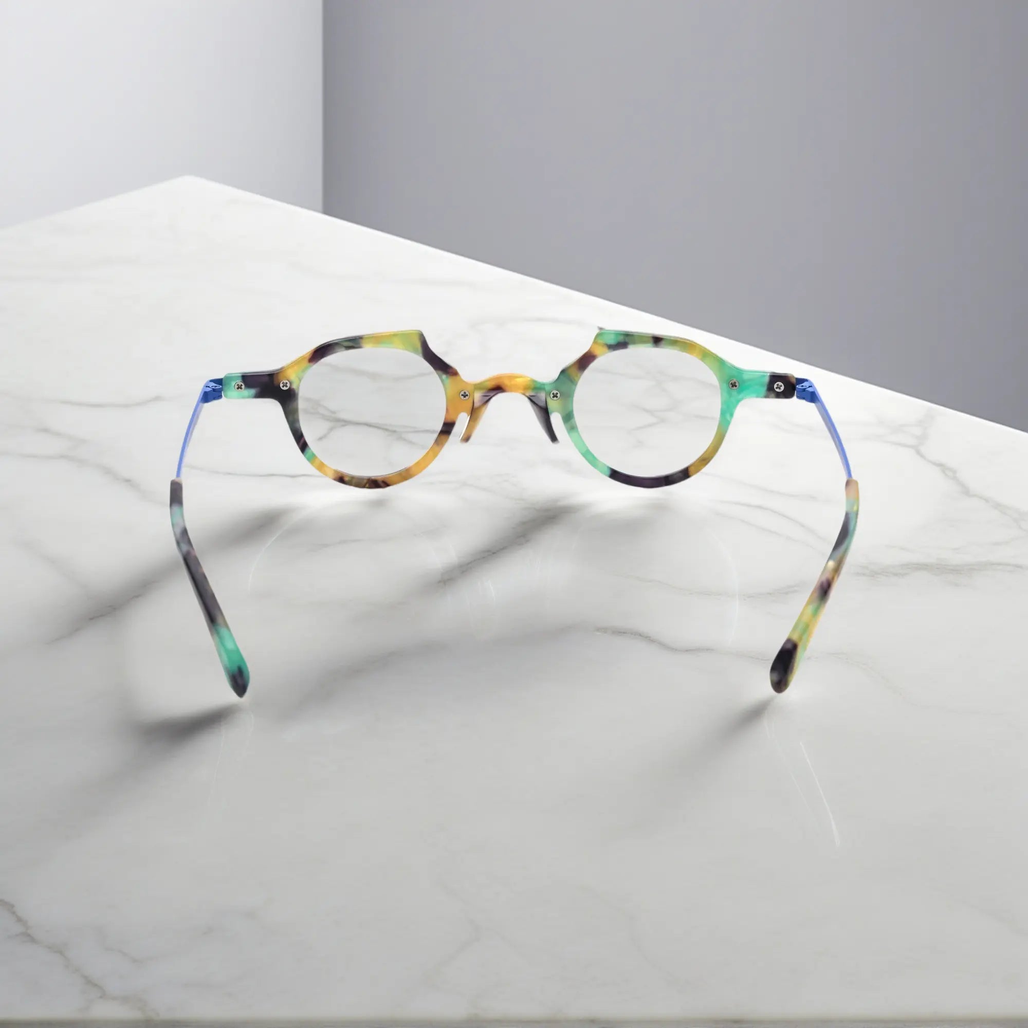 Rear-facing image of VoyueLens™ VL19341 cobalt blue glasses revealing ergonomic temple design and smooth acetate craftsmanship.