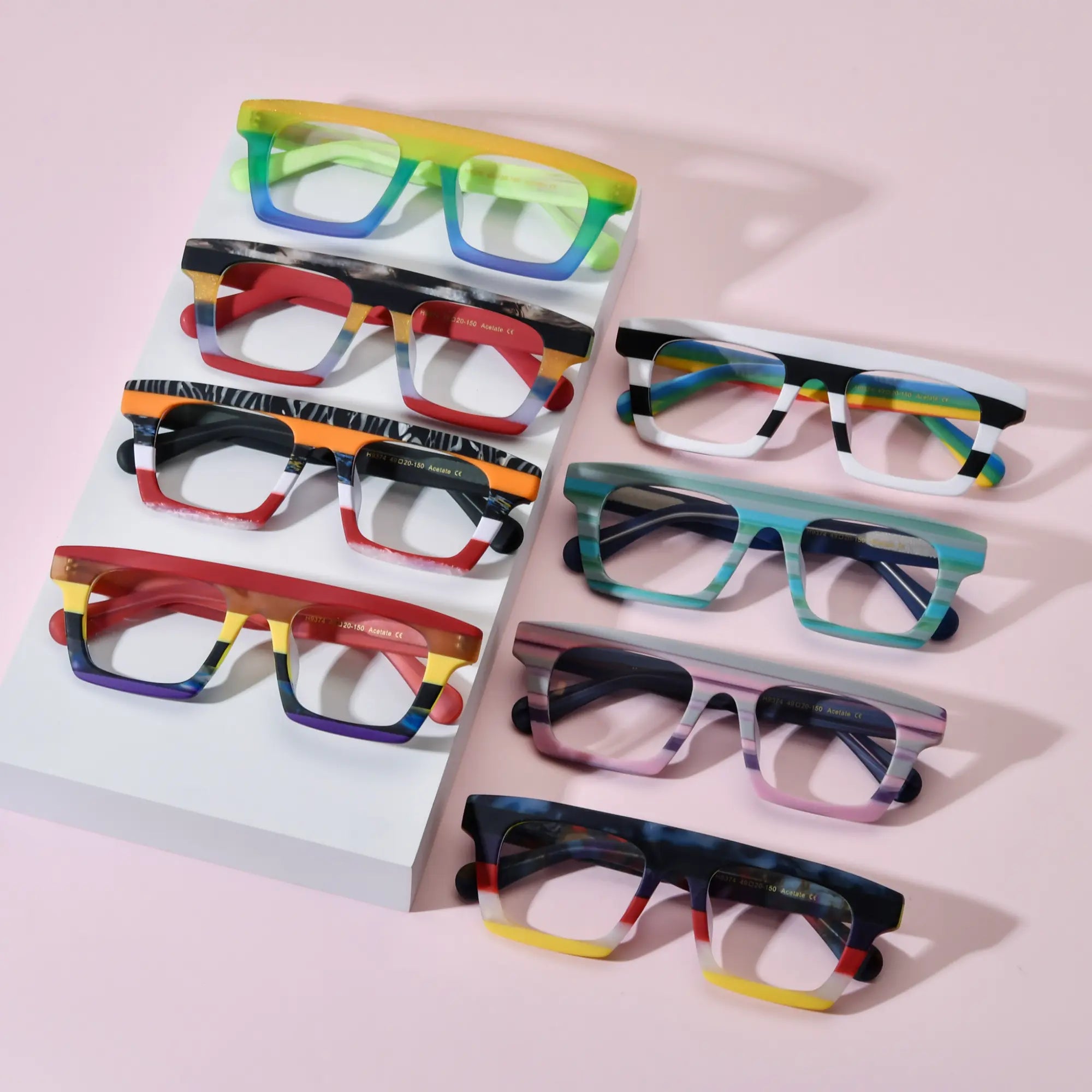All color variants of VoyueLens Acetate Square Eyeglasses (VL19374) displayed in a group layout including Sunset Fade, Amber Tortoiseshell, Zebra Marble, Midnight Floral, Sapphire Stripes, Crimson Twilight, Violet Mirage, and Blue Bloom.