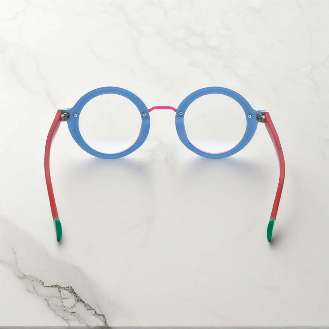 Rear view of VoyueLens™ Chromatic Orbit in Blue Coral emphasizing frame structure and comfort-fit build.