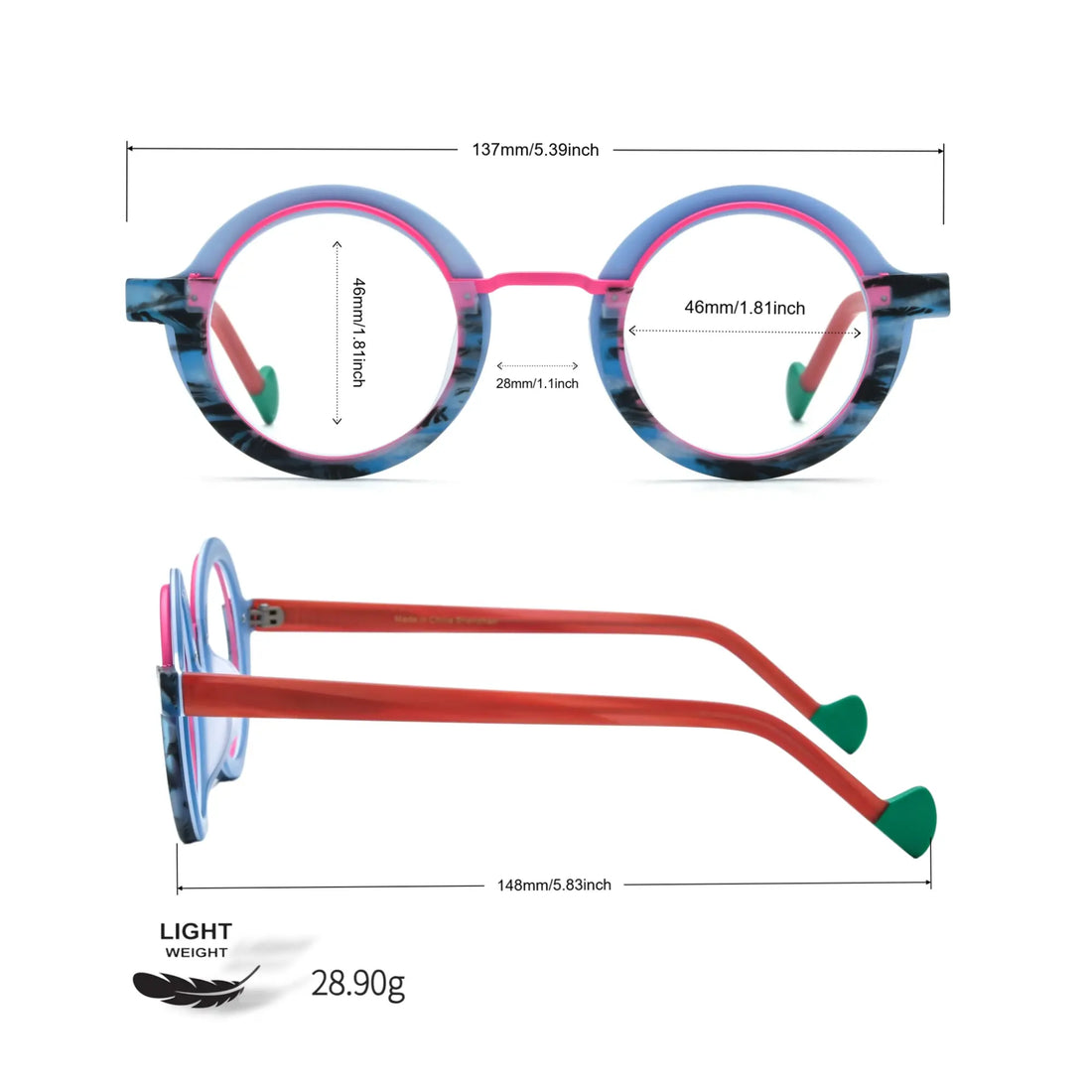 Measurement diagram for VoyueLens™ Blue Coral eyeglasses showing dimensions and sizing compatibility.