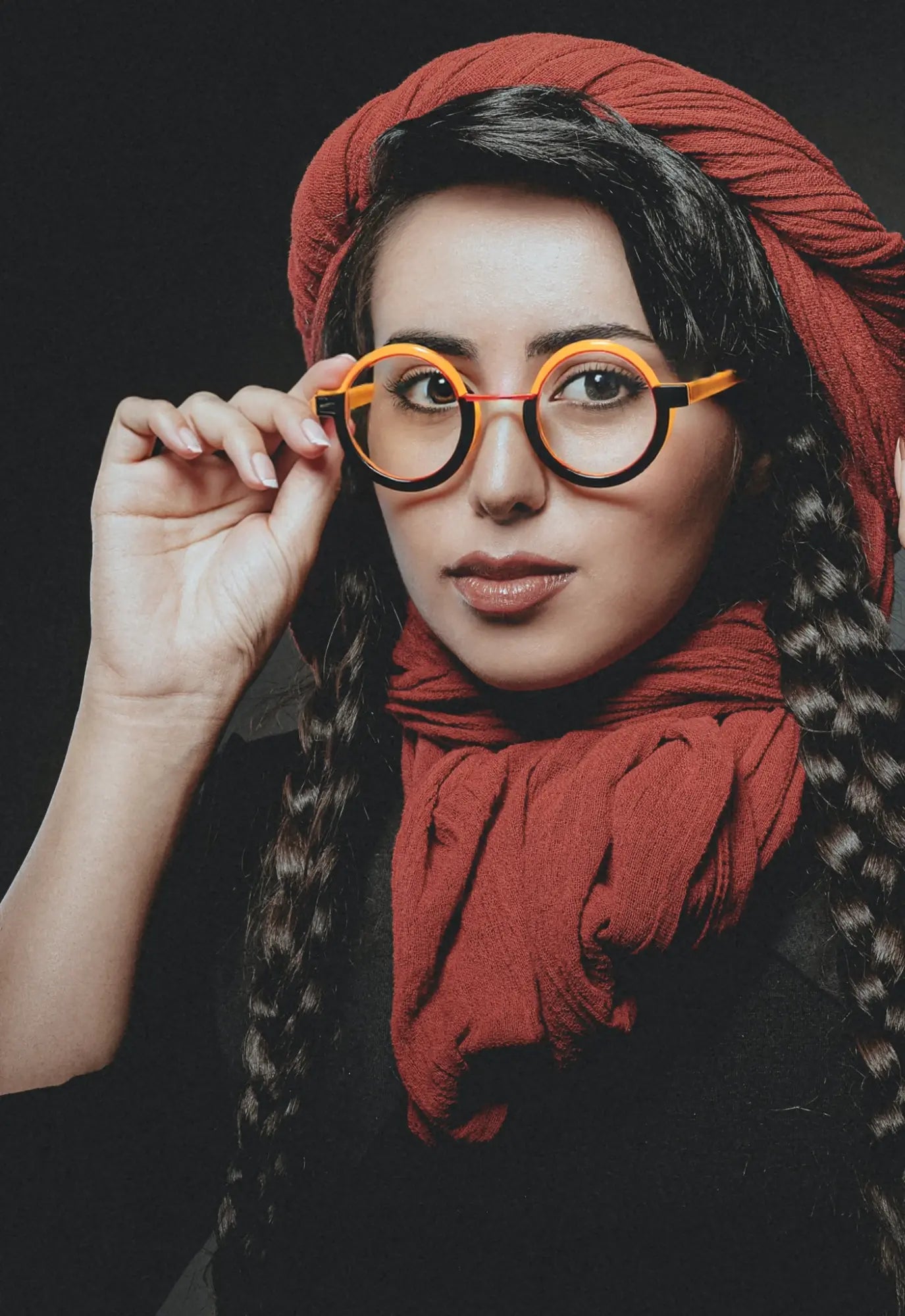 Model wearing VoyueLens™ Chromatic Orbit in Citrus Orbit styled in a modern streetwear look.