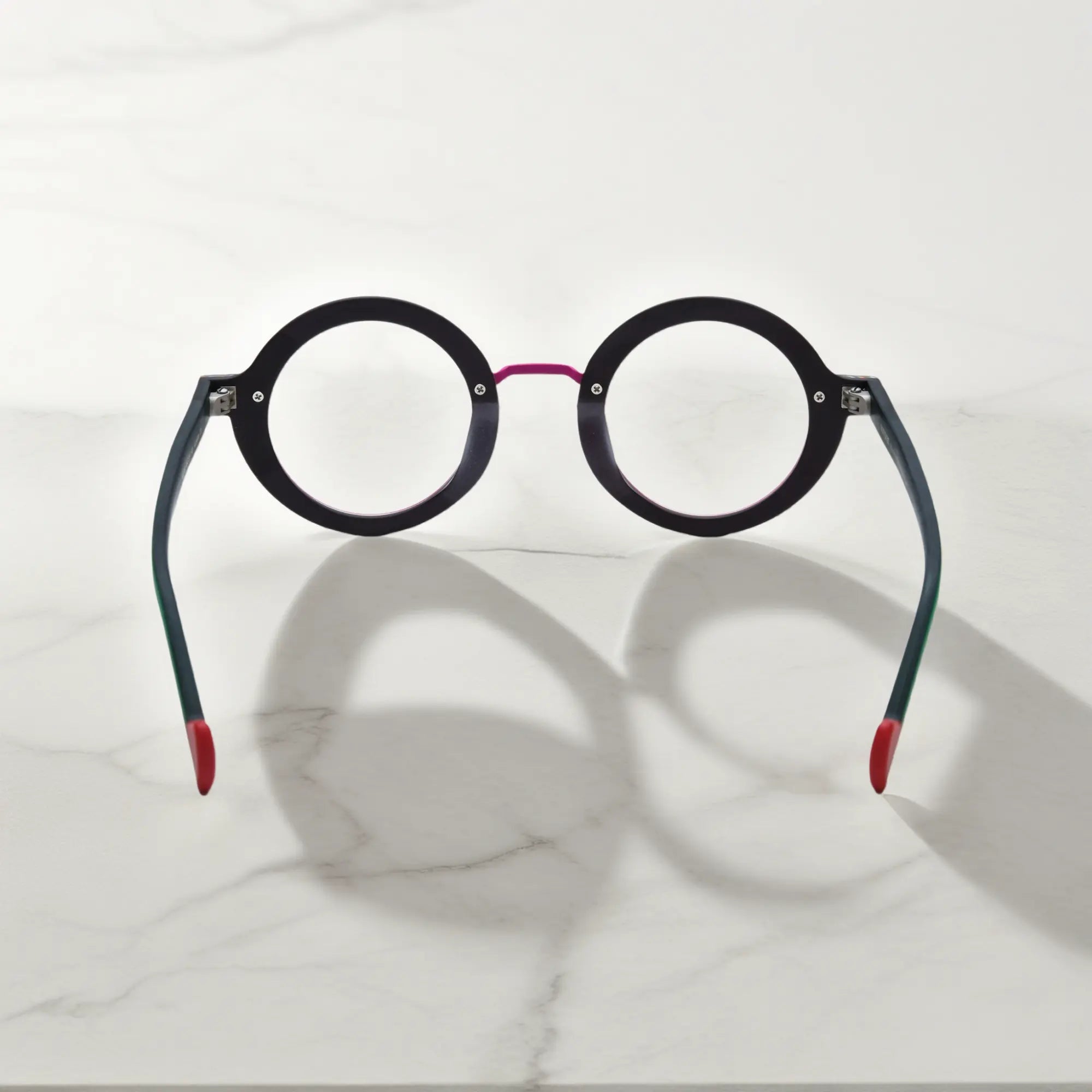 Rear view of VoyueLens™ Chromatic Orbit in Crimson Edge emphasizing frame structure and comfort-fit build.
