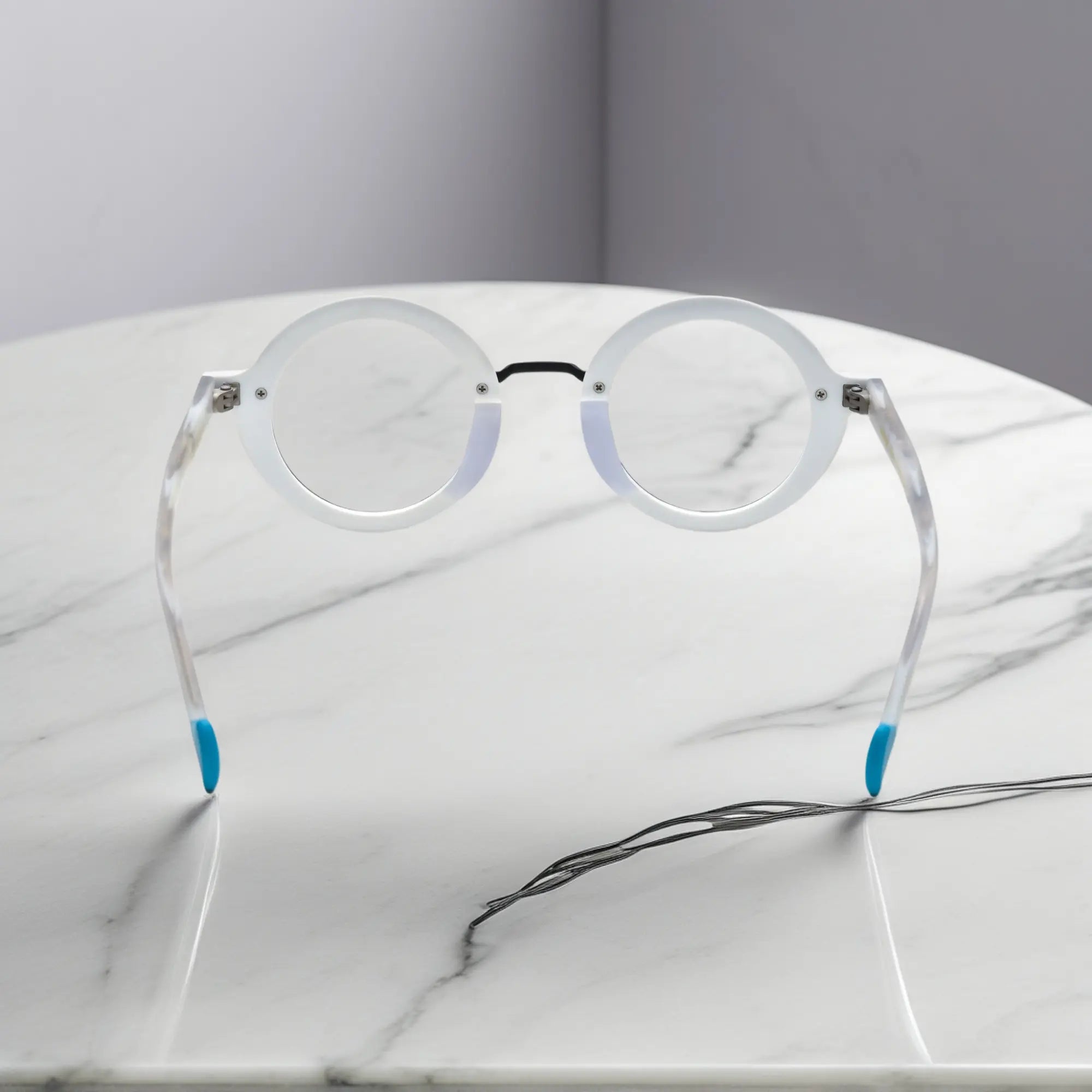 Rear view of VoyueLens™ Chromatic Orbit in Mosaic Frost emphasizing frame structure and comfort-fit build.