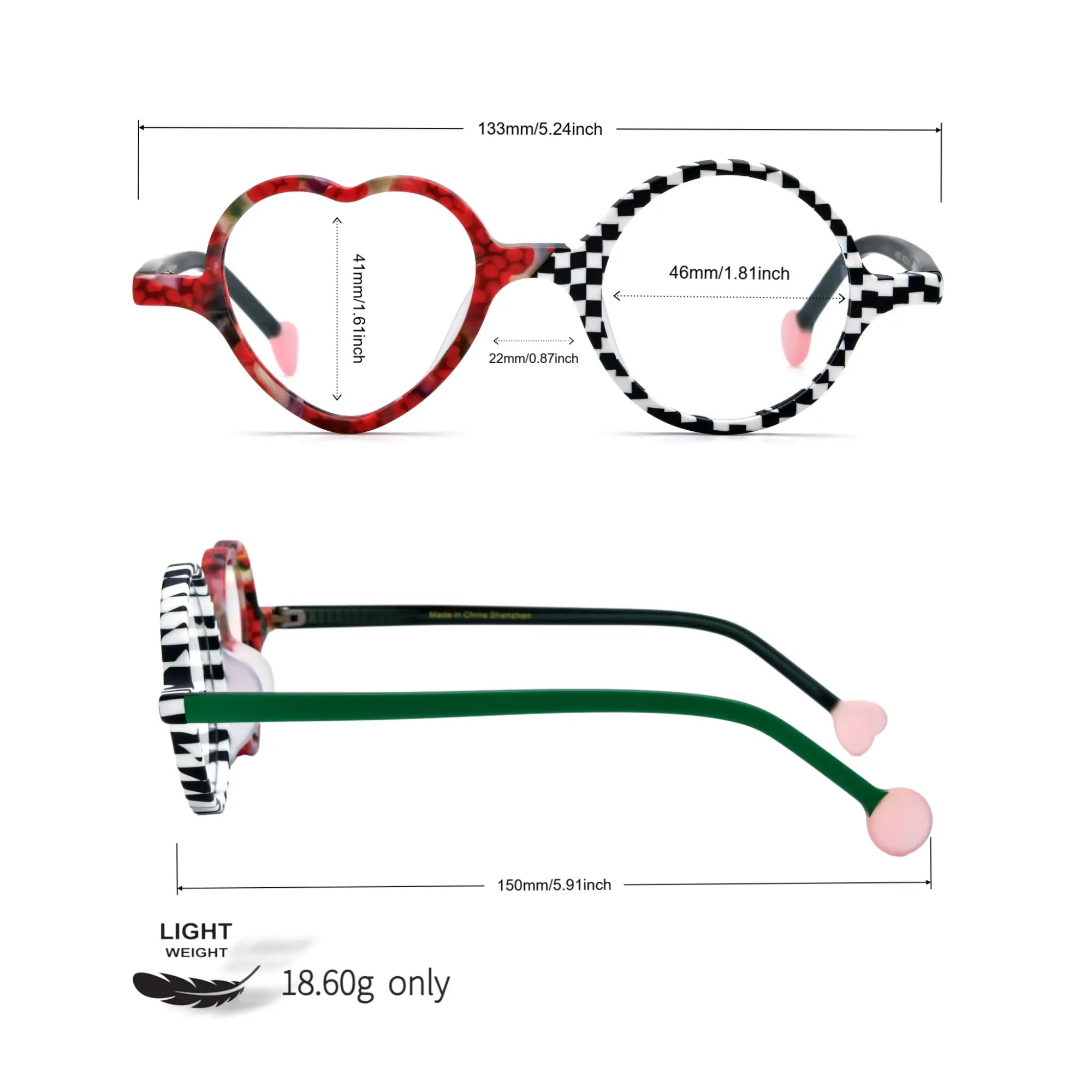 Measurement reference for Checker Red Pop VL19377, including lens width and temple length. Bold red and black asymmetrical frame with heart and round lenses.
