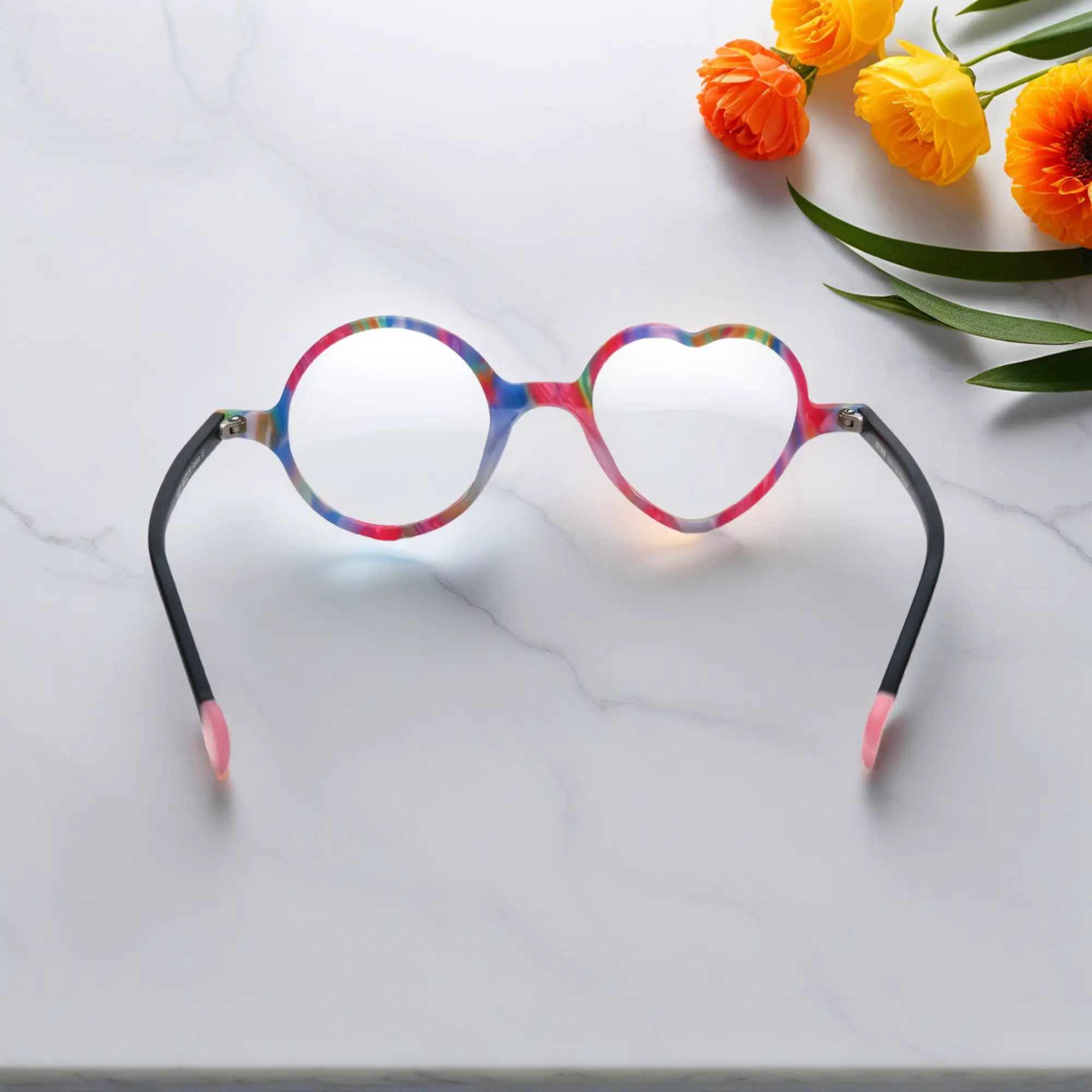 Back view of VoyueLens™ VL19377 in Rainbow Twist, showing full silhouette and lens contrast. Multi-colored design with a swirl of rainbow shades in matte finish.
