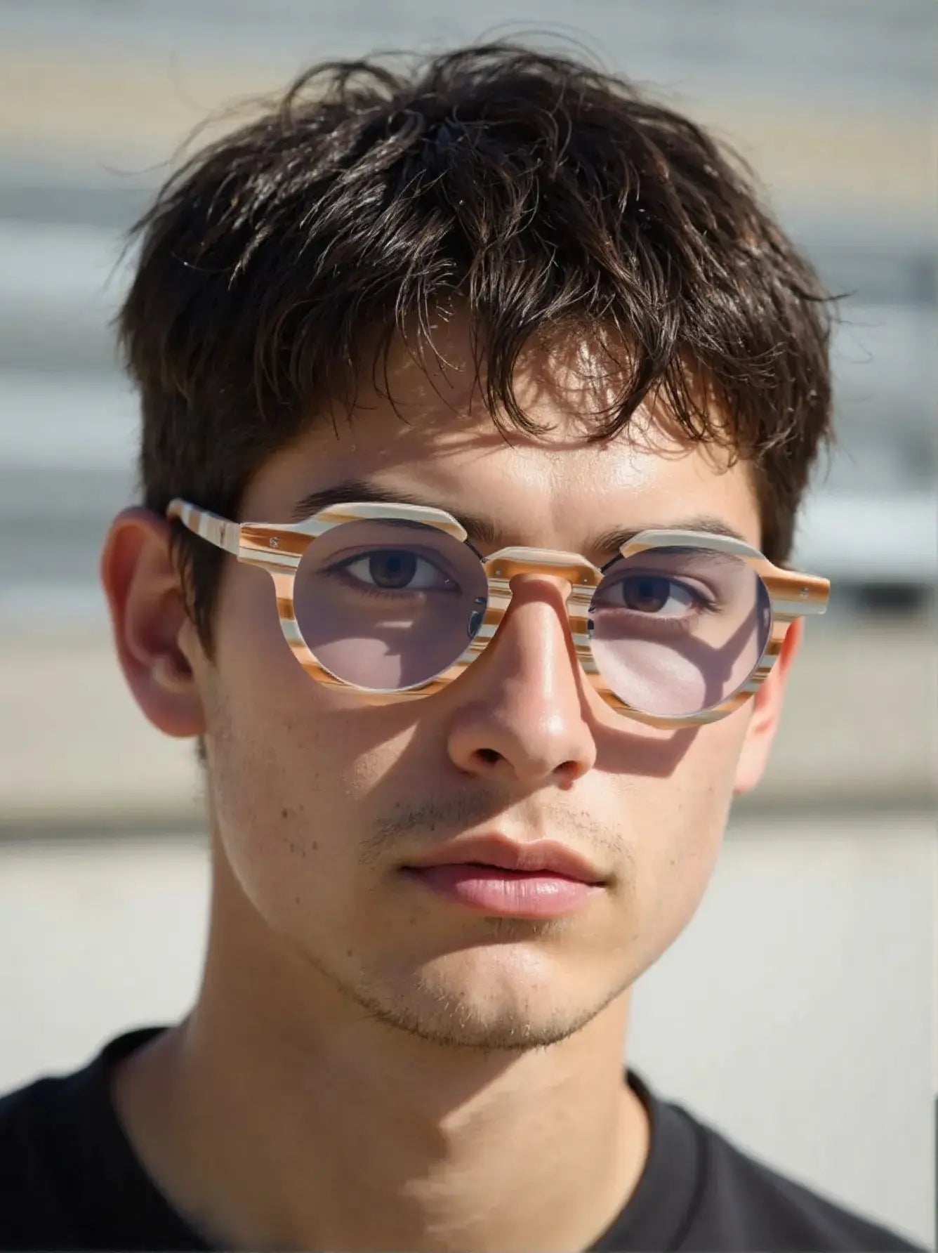 Model wearing VoyueLens™ Amber Drift eyeglasses with elegant striped amber tones