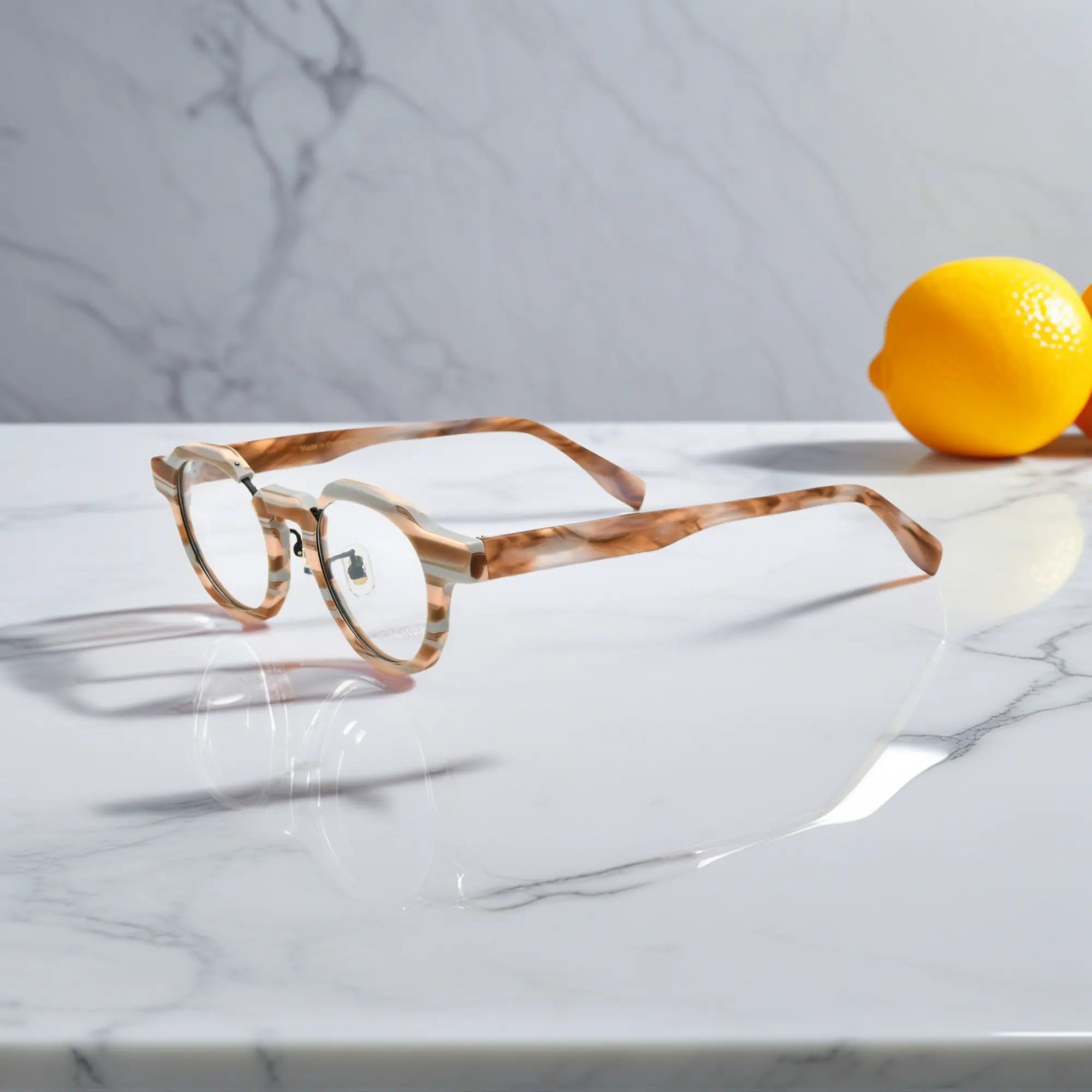 Side view of VoyueLens™ Amber Drift eyeglasses showing rich caramel-brown arm design