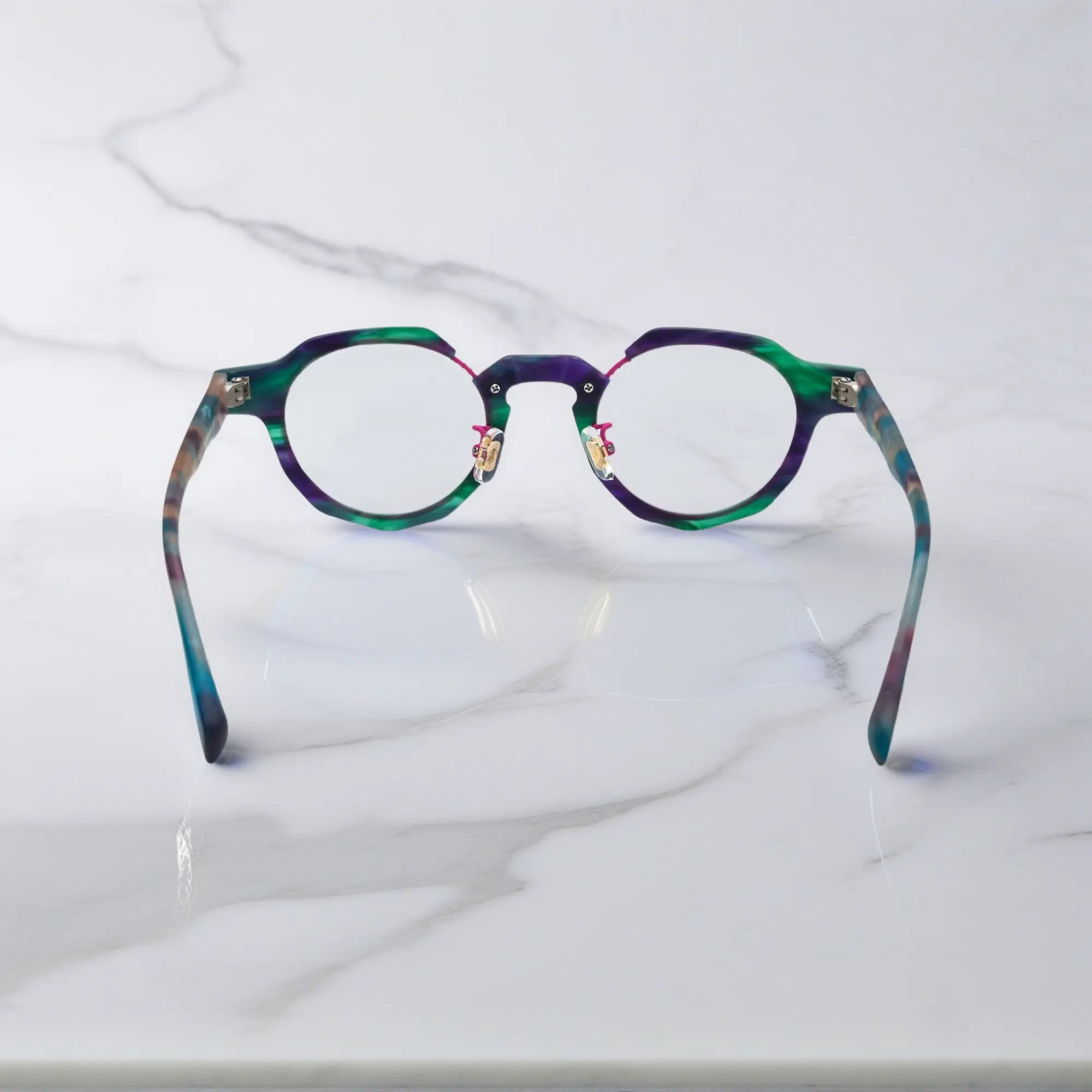 Rear angle of VoyueLens™ Mosaic Teal eyeglasses revealing frame detailing