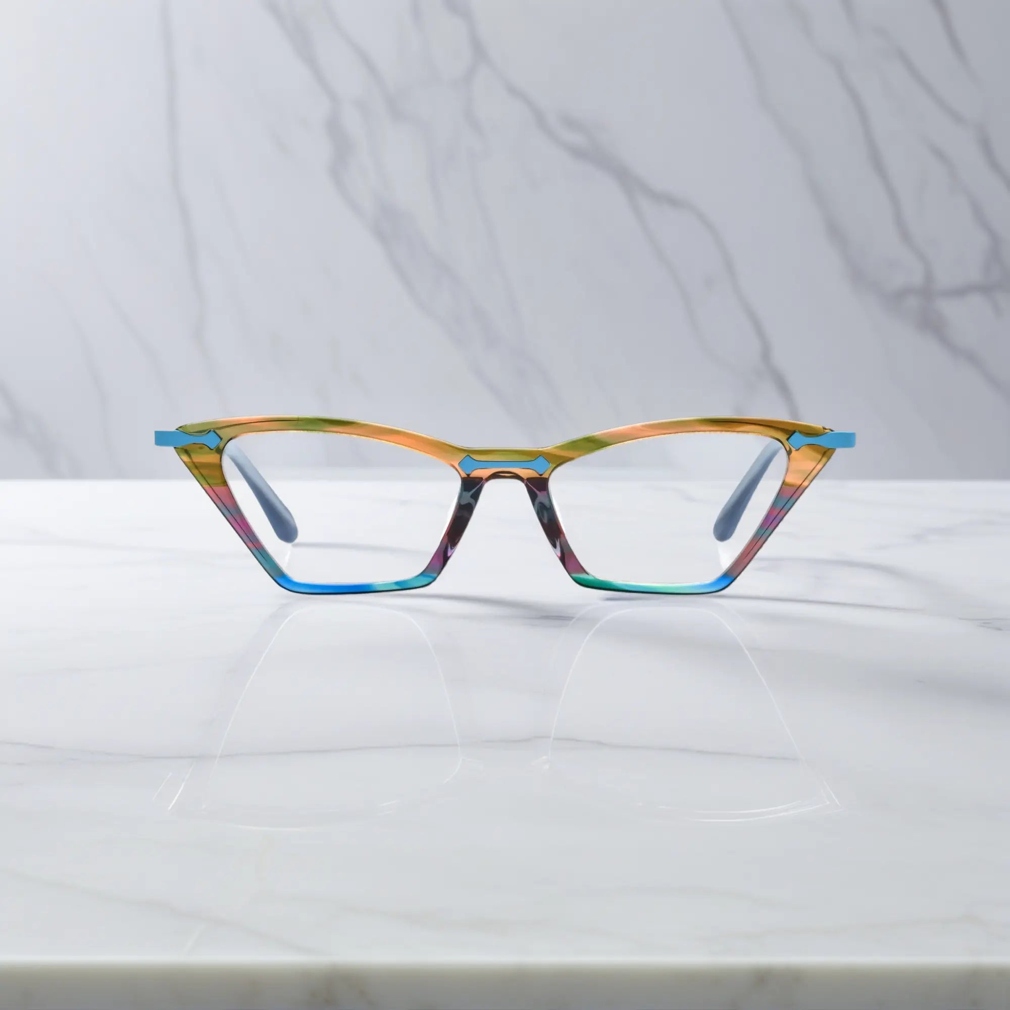 Front view of VoyueLens™ ColorPop Cat-Eye Eyeglasses in Ocean Spectrum, featuring a bold retro silhouette with a colorful acetate front and lightweight metal temples.