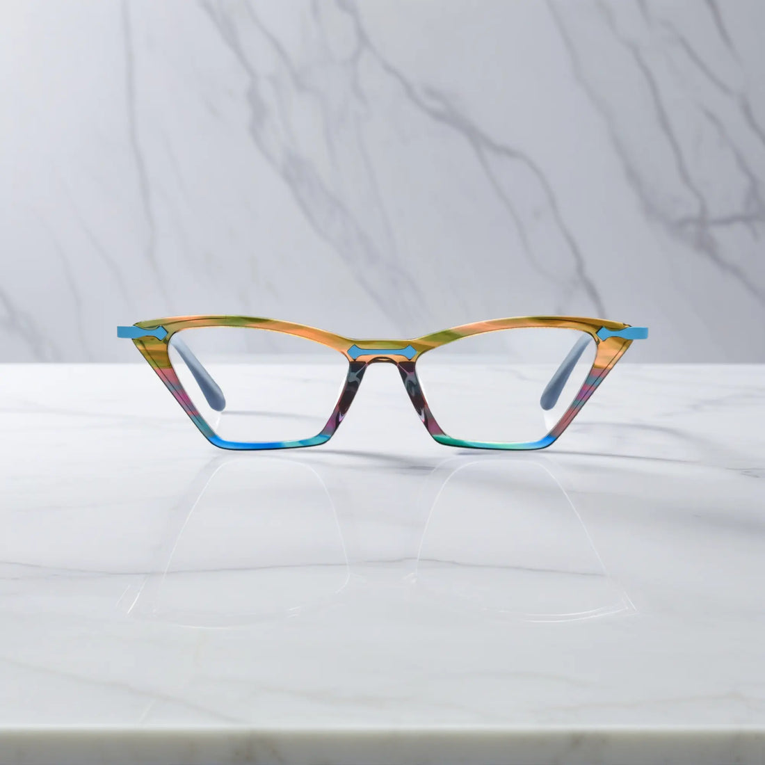 Front view of VoyueLens™ ColorPop Cat-Eye Eyeglasses in Ocean Spectrum, featuring a bold retro silhouette with a colorful acetate front and lightweight metal temples.