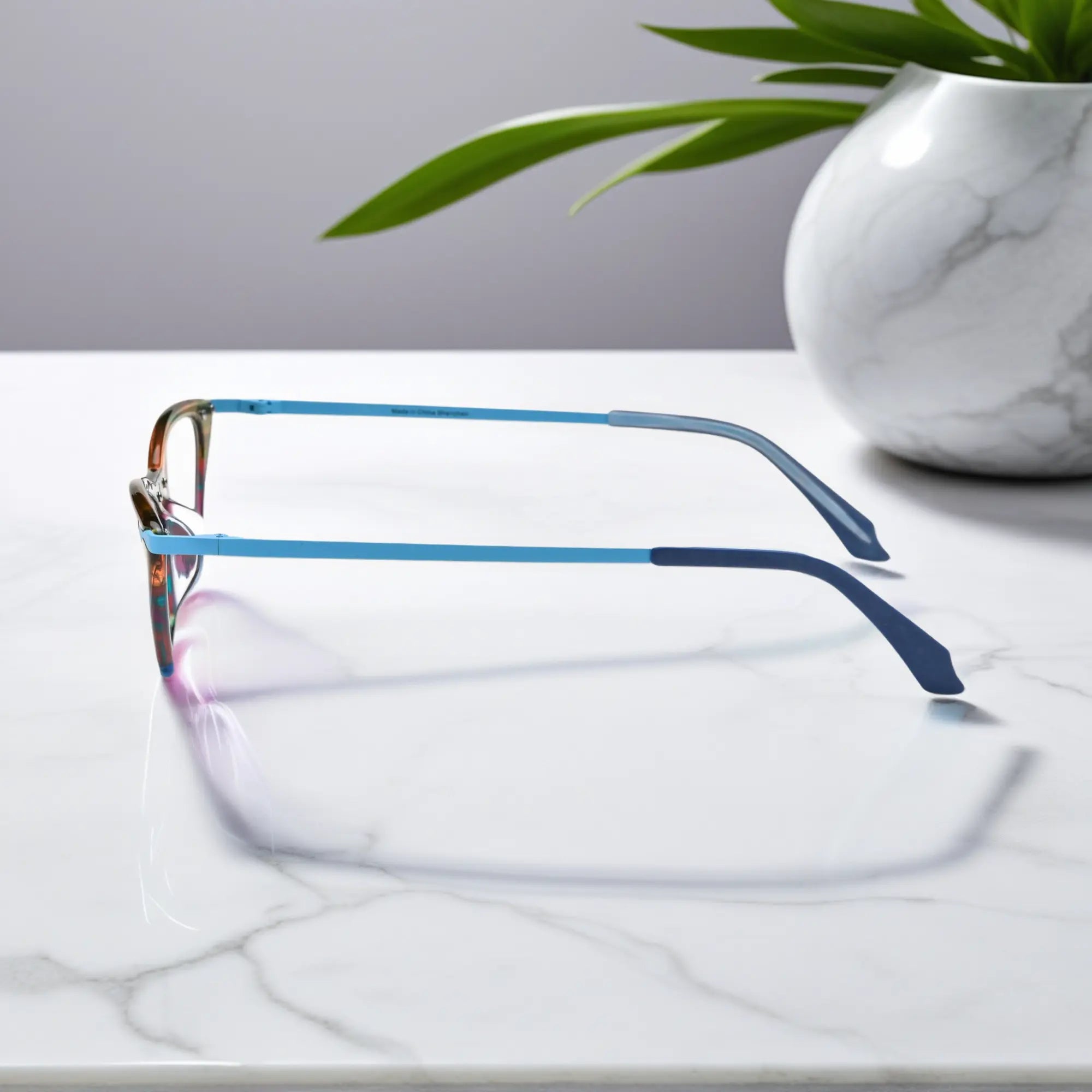 Side profile of VoyueLens™ ColorPop Cat-Eye Eyeglasses in Ocean Spectrum, highlighting the slim metal temples and ergonomic design suitable for everyday wear.