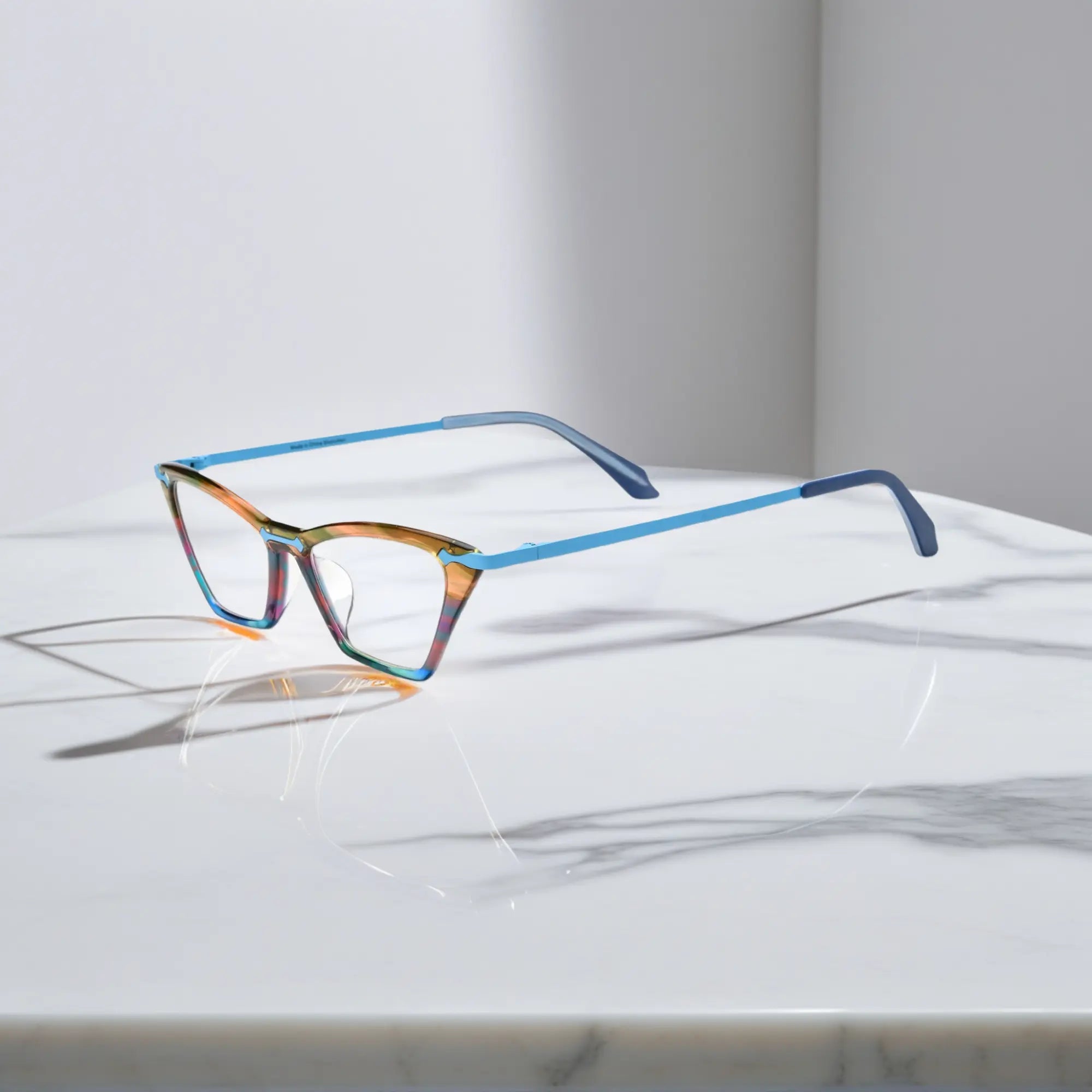 Side view of VoyueLens™ ColorPop Cat-Eye Eyeglasses in Ocean Spectrum, highlighting the slim metal temples and ergonomic design suitable for everyday wear.