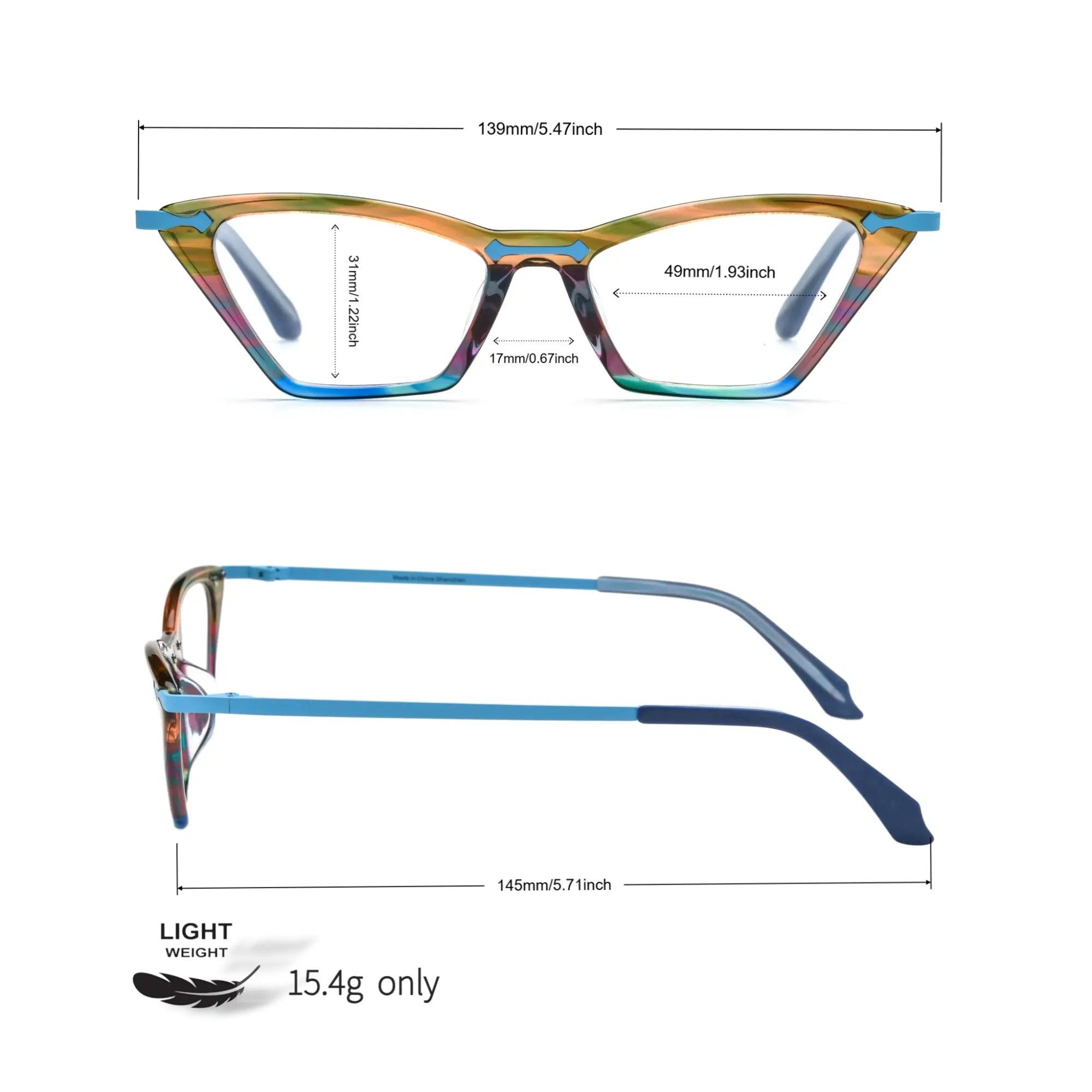 Size reference image of VoyueLens™ ColorPop Cat-Eye Eyeglasses in Ocean Spectrum, showing full frame measurements ideal for medium to large head sizes.