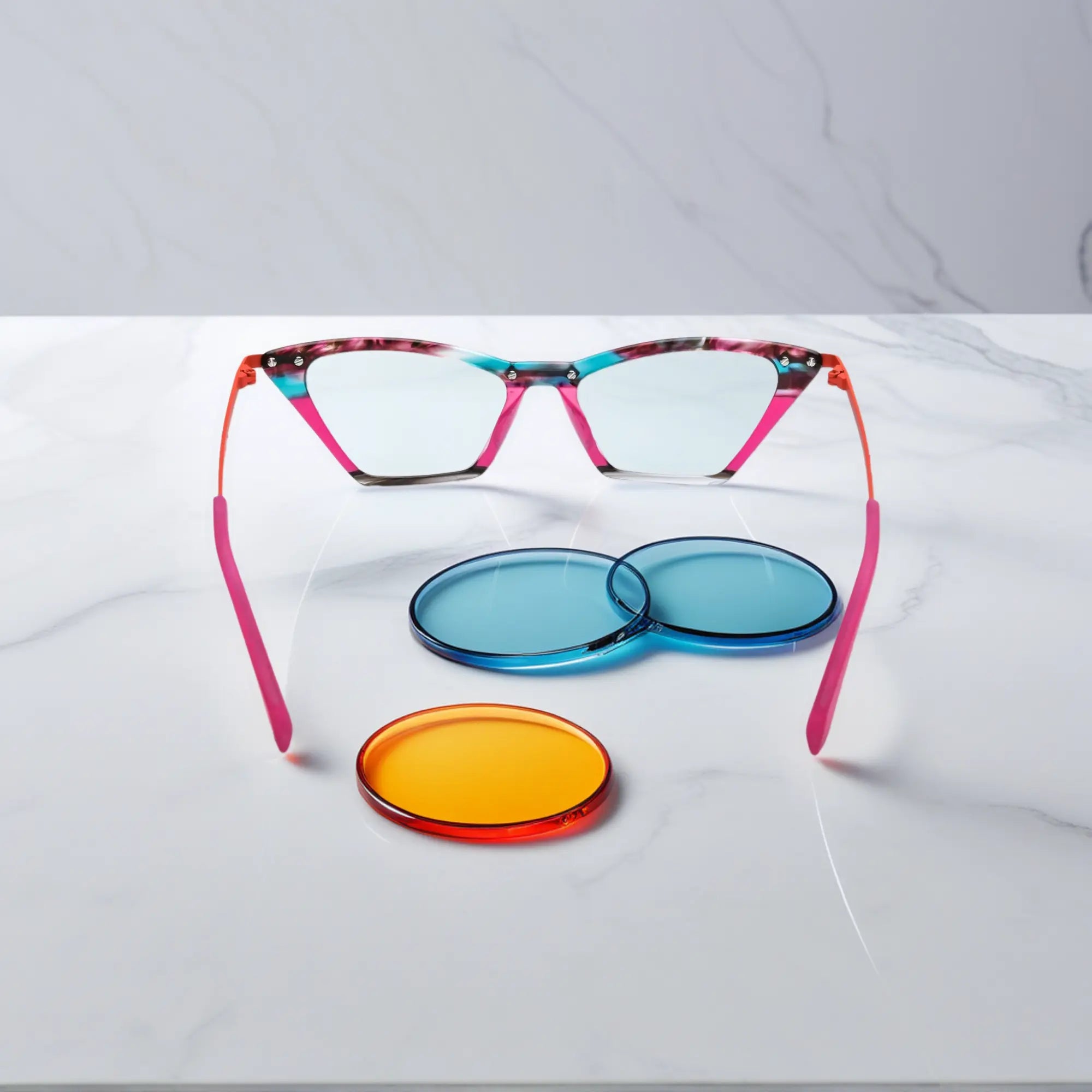 Back angle of VoyueLens™ ColorPop Eyeglasses in Coral Pop, showing the balanced construction and seamless fusion of acetate and metal.