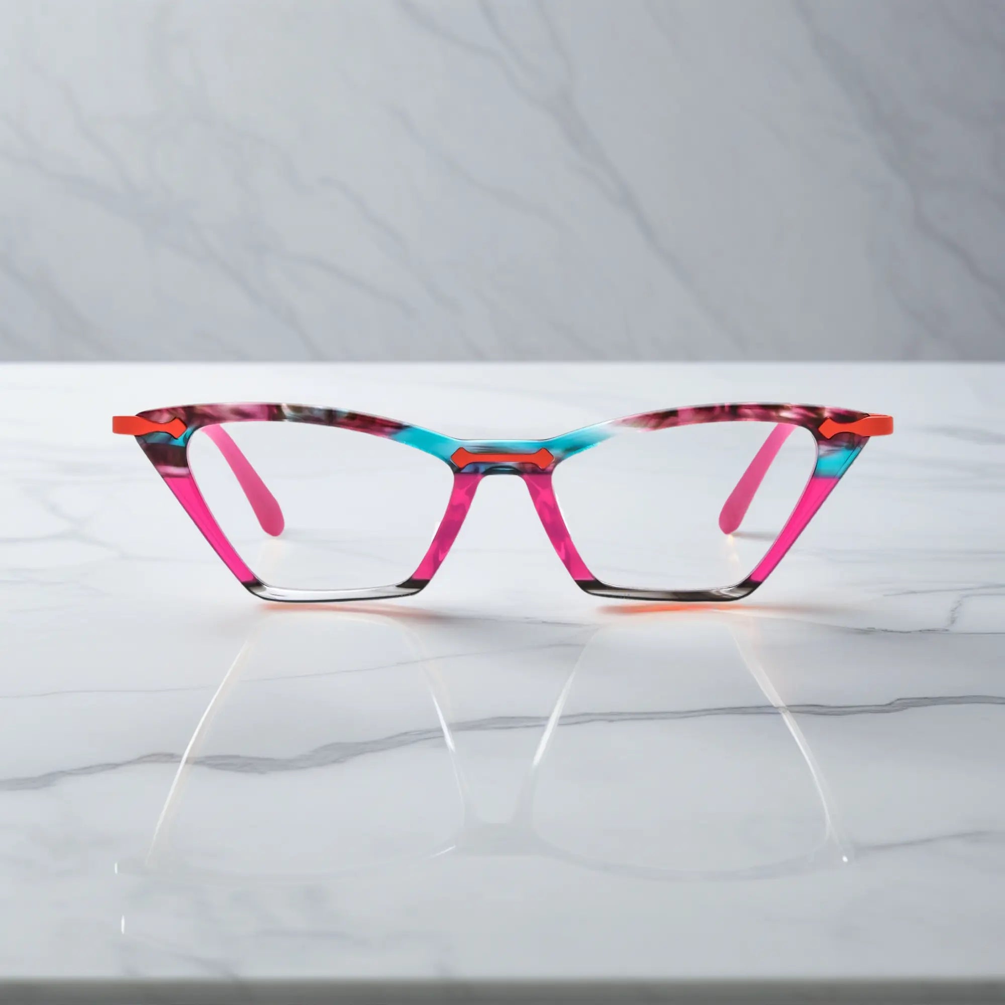 Front view of VoyueLens™ ColorPop Cat-Eye Eyeglasses in Coral Pop, featuring a bold retro silhouette with a colorful acetate front and lightweight metal temples.