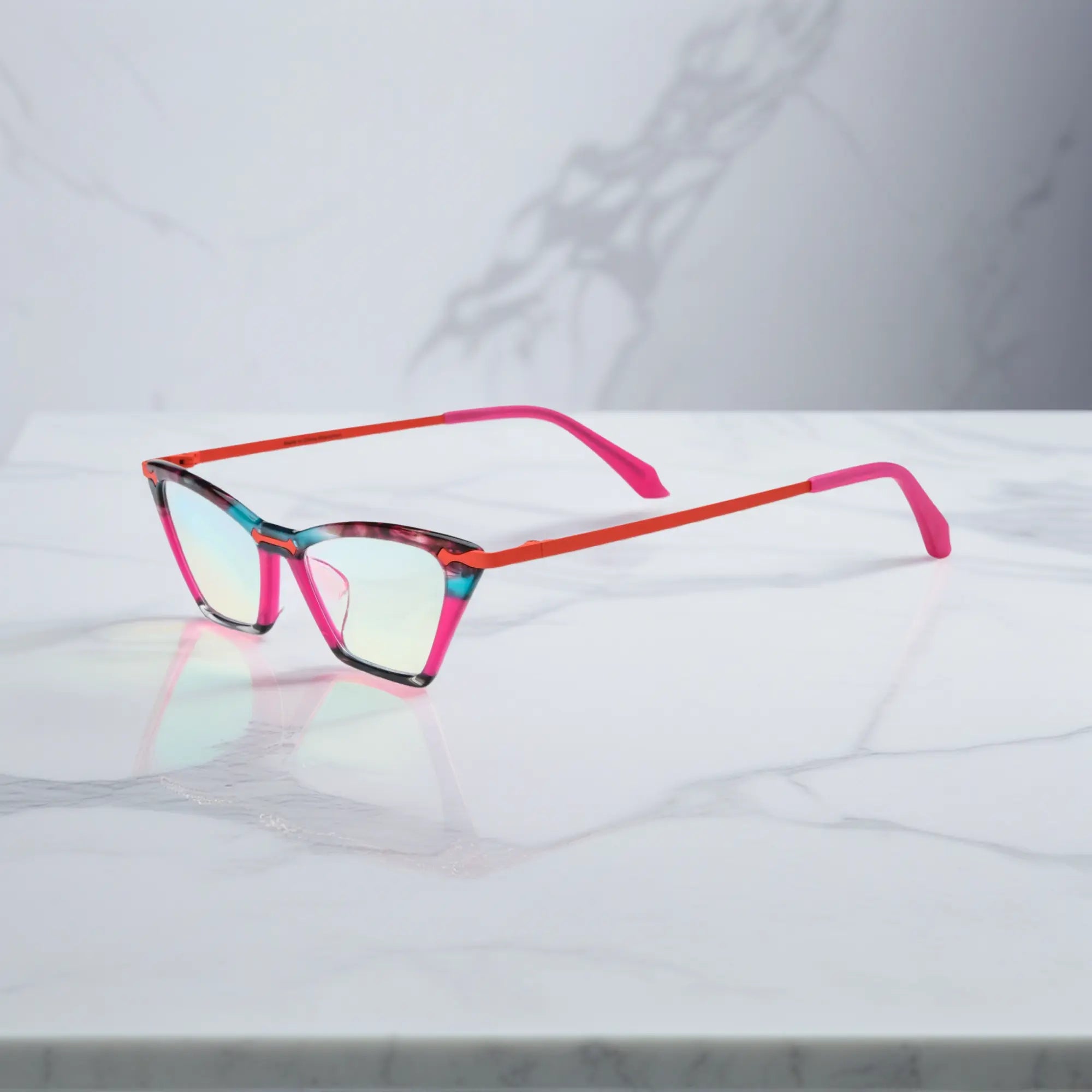 Side view of VoyueLens™ ColorPop Cat-Eye Eyeglasses in Coral Pop, highlighting the slim metal temples and ergonomic design suitable for everyday wear.