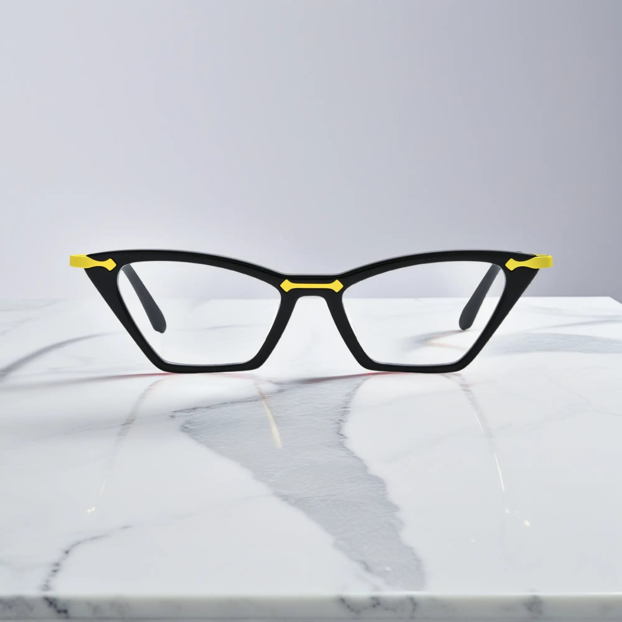 Front view of VoyueLens™ ColorPop Cat-Eye Eyeglasses in Neon Noir, featuring a bold retro silhouette with a colorful acetate front and lightweight metal temples.