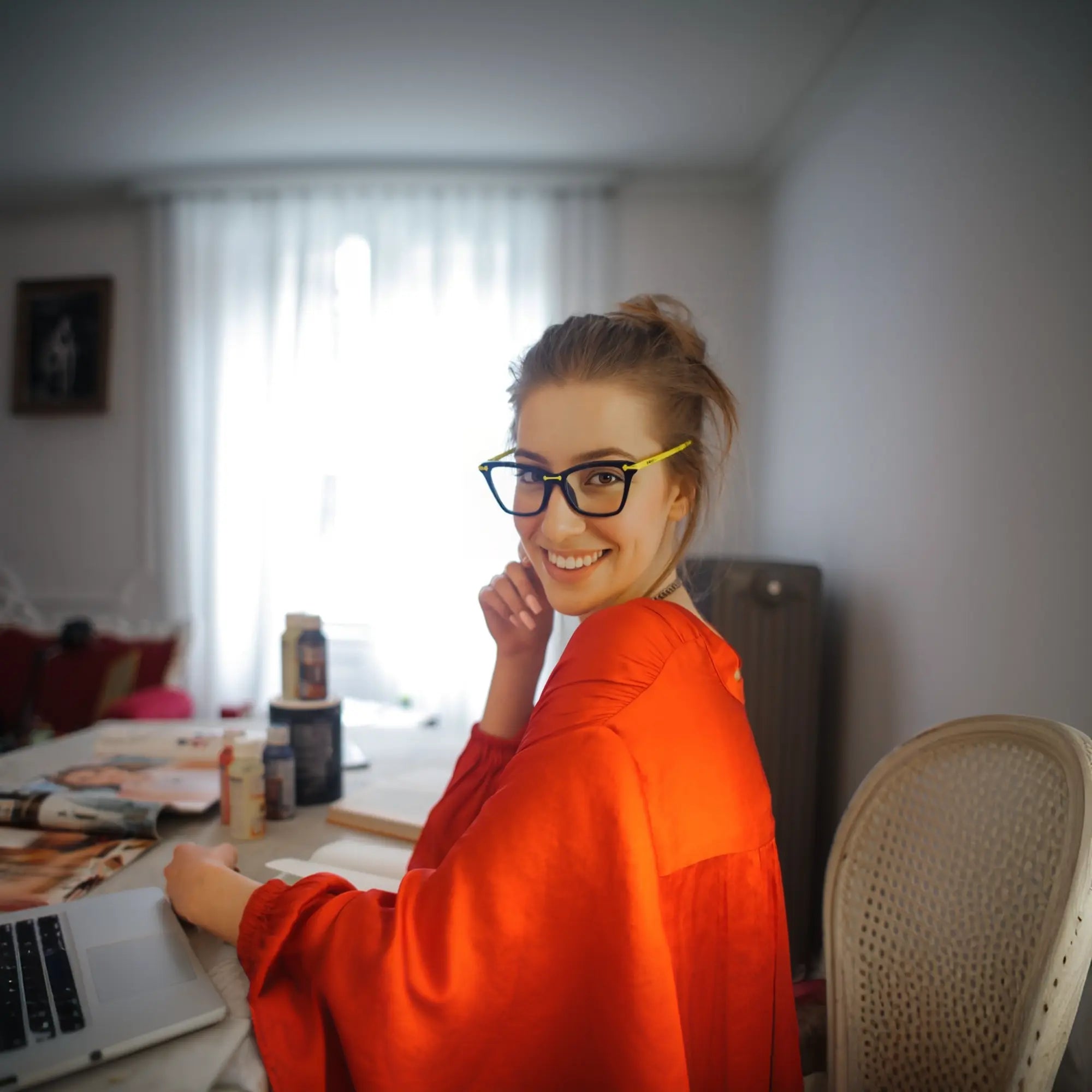 Model wearing VoyueLens™ ColorPop Cat-Eye Eyeglasses in Neon Noir, showcasing the statement-making, vintage-inspired style perfect for fashion or prescription use.