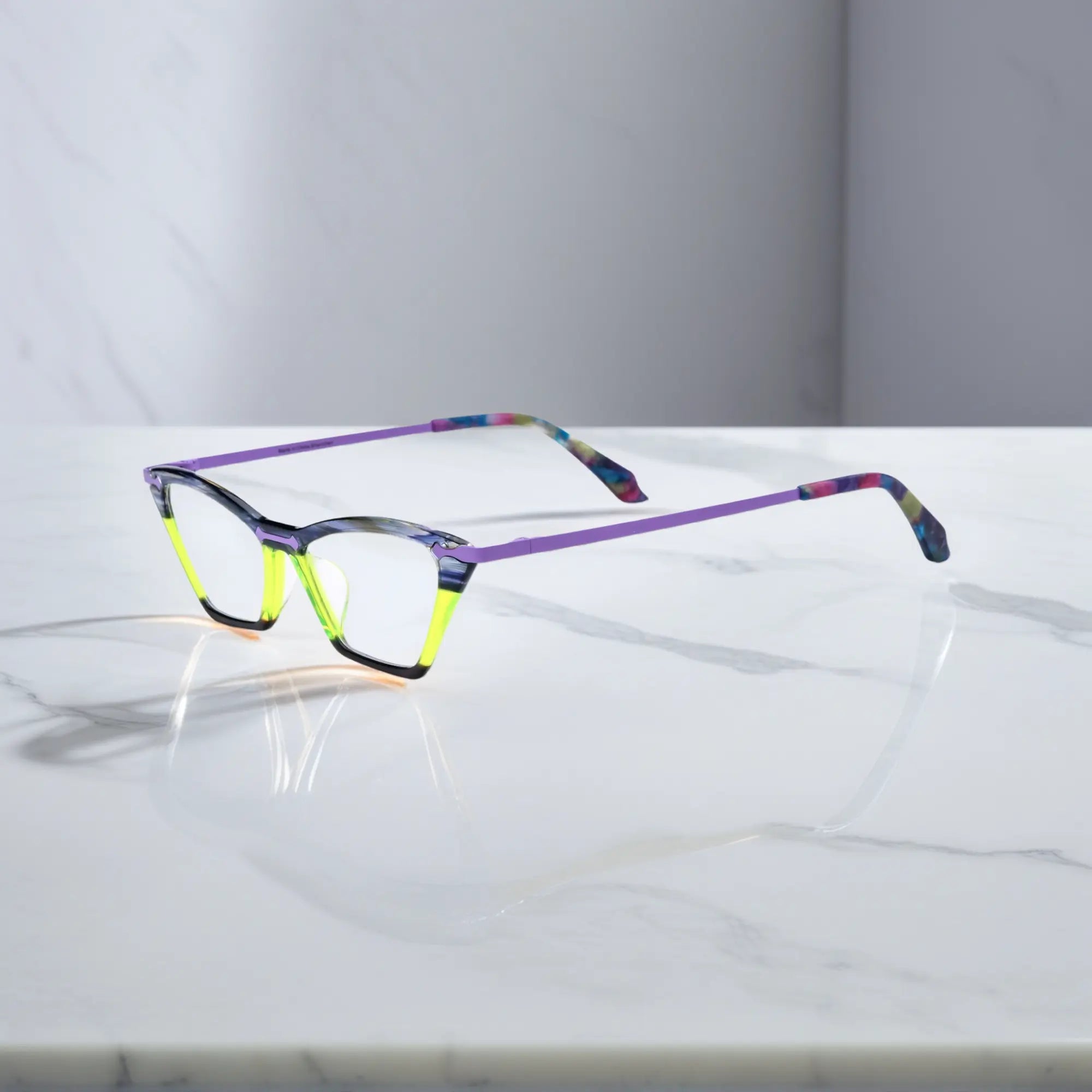 Side view of VoyueLens™ ColorPop Cat-Eye Eyeglasses in Aurora Fade, highlighting the slim metal temples and ergonomic design suitable for everyday wear.
