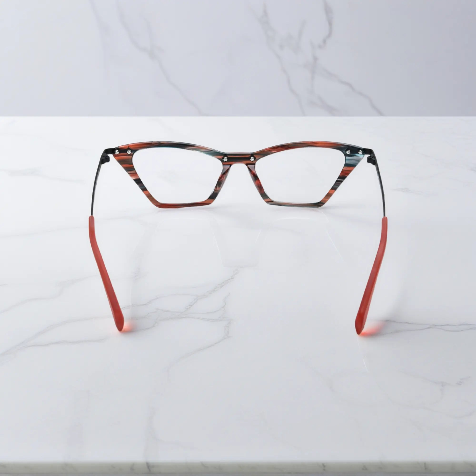 Back angle of VoyueLens™ ColorPop Eyeglasses in Ember Tortoiseshell, showing the balanced construction and seamless fusion of acetate and metal.