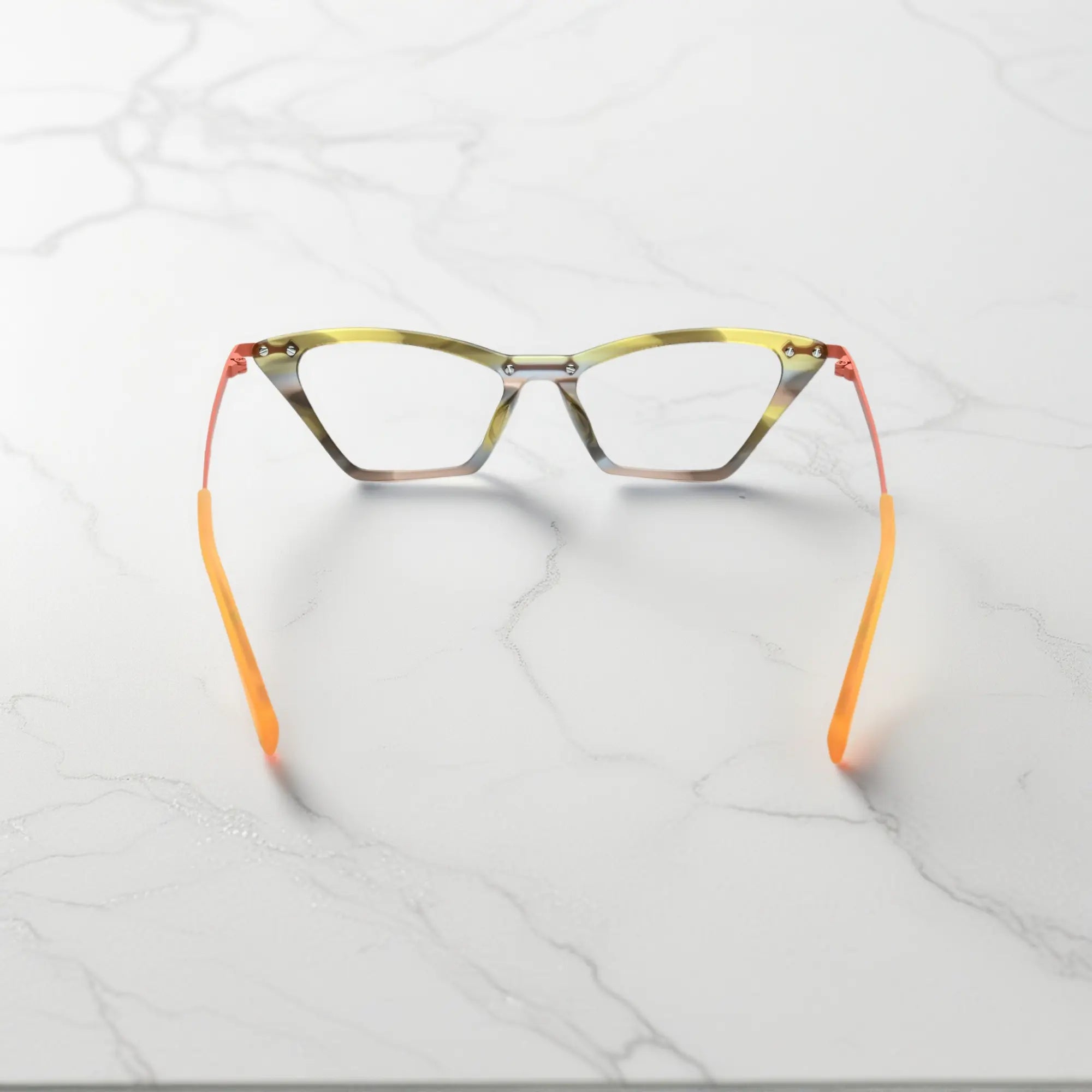 Back angle of VoyueLens™ ColorPop Eyeglasses in Citrus Sorbet, showing the balanced construction and seamless fusion of acetate and metal.