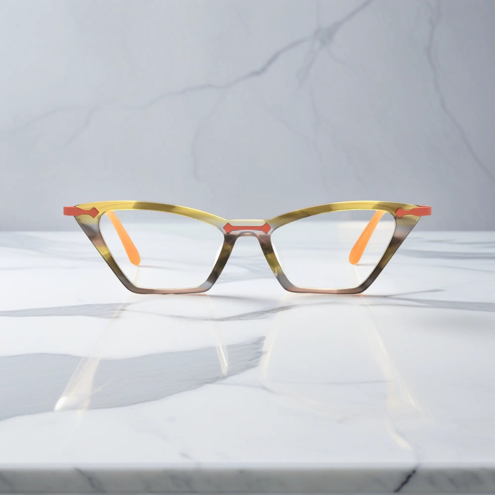 Front view of VoyueLens™ ColorPop Cat-Eye Eyeglasses in Citrus Sorbet, featuring a bold retro silhouette with a colorful acetate front and lightweight metal temples.