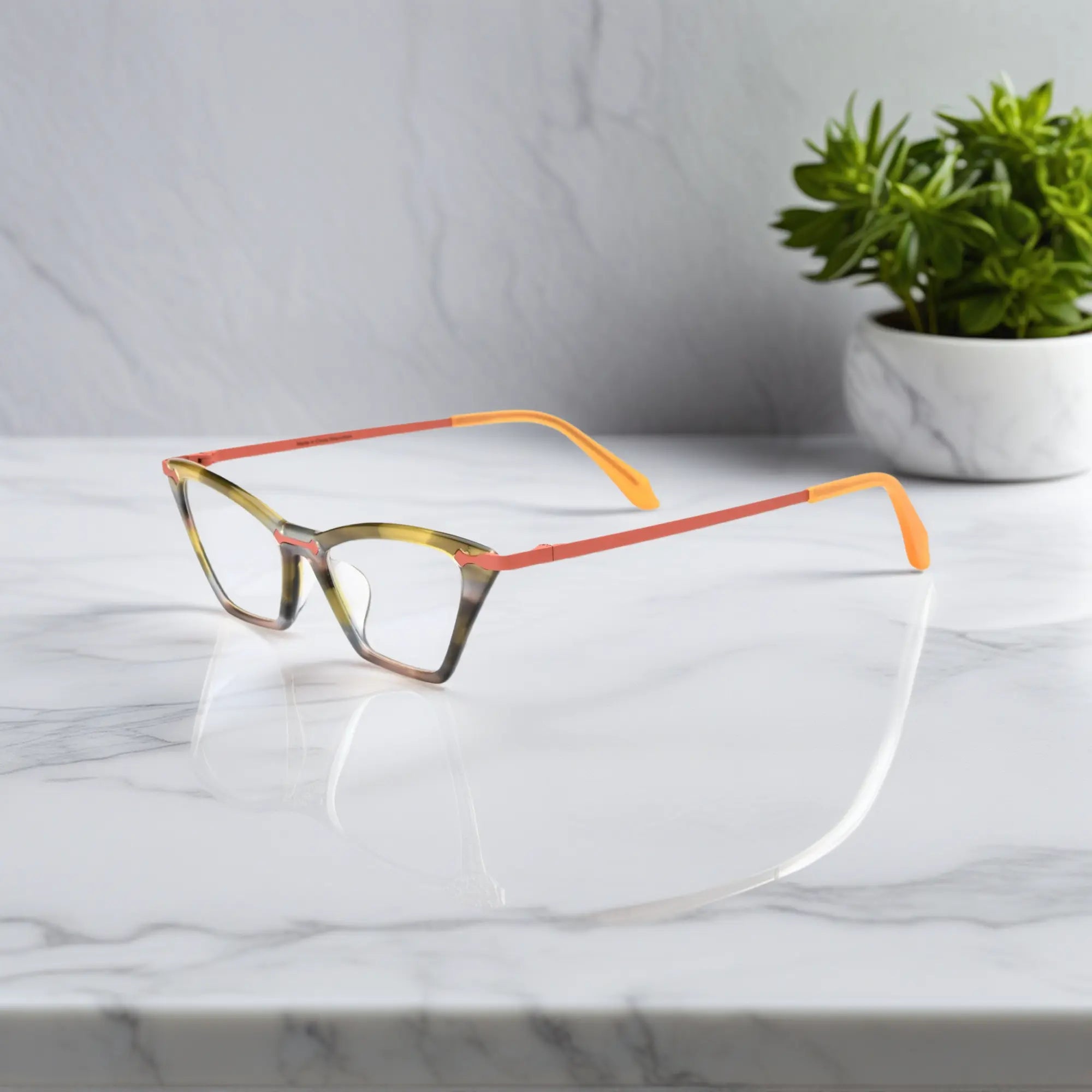 Side view of VoyueLens™ ColorPop Cat-Eye Eyeglasses in Citrus Sorbet, highlighting the slim metal temples and ergonomic design suitable for everyday wear.
