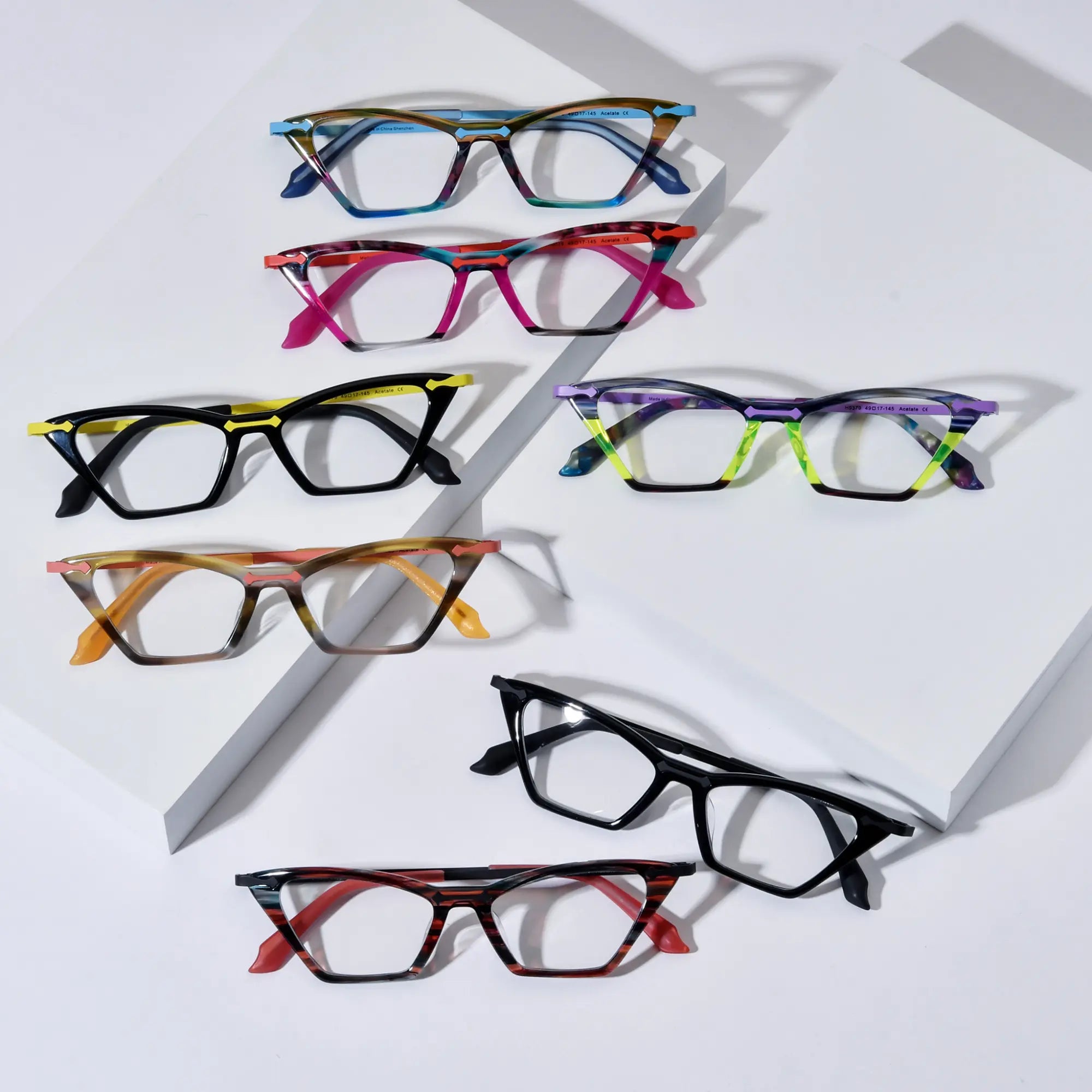 Full collection of VoyueLens™ VL19379 ColorPop Cat-Eye Eyeglasses featuring seven vibrant color variants with lightweight acetate and metal frames in a retro-inspired silhouette.