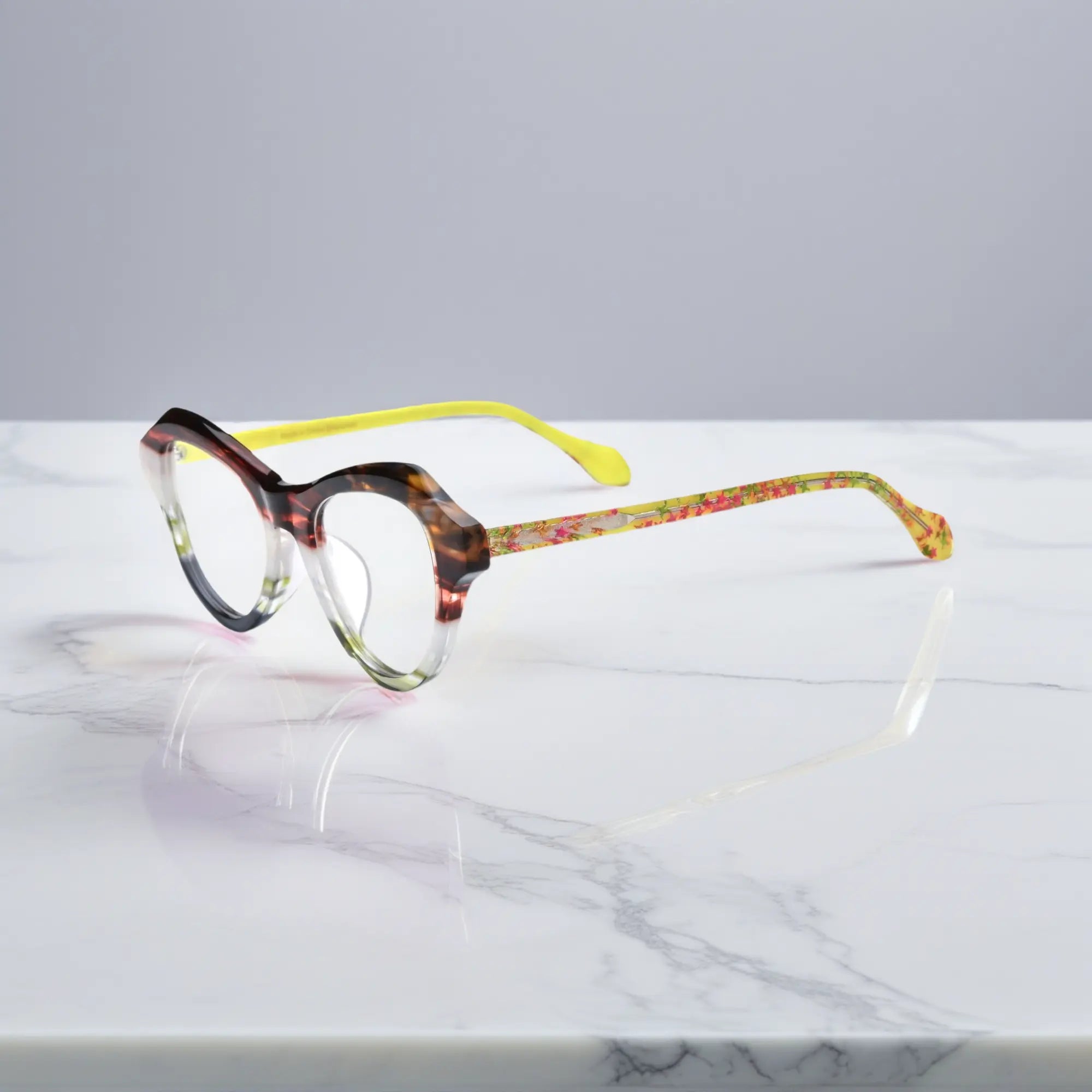 side view of VoyueLens™ VL19380 Amber Bloom butterfly eyeglasses