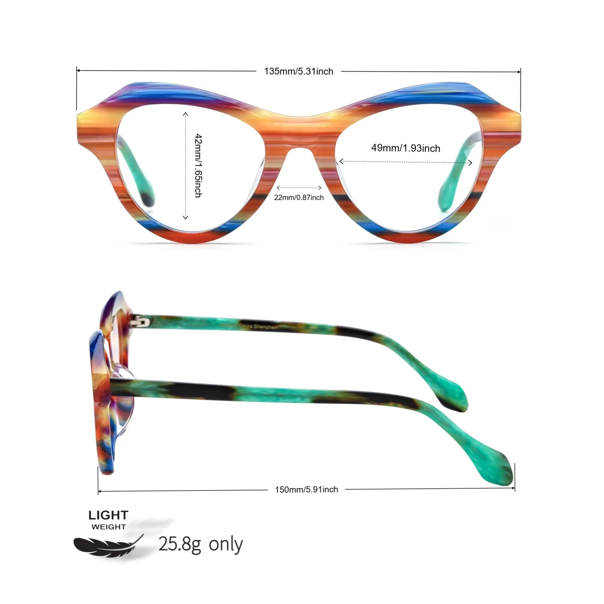 measurement chart for VoyueLens™ VL19380 Sunset Prism butterfly eyeglasses