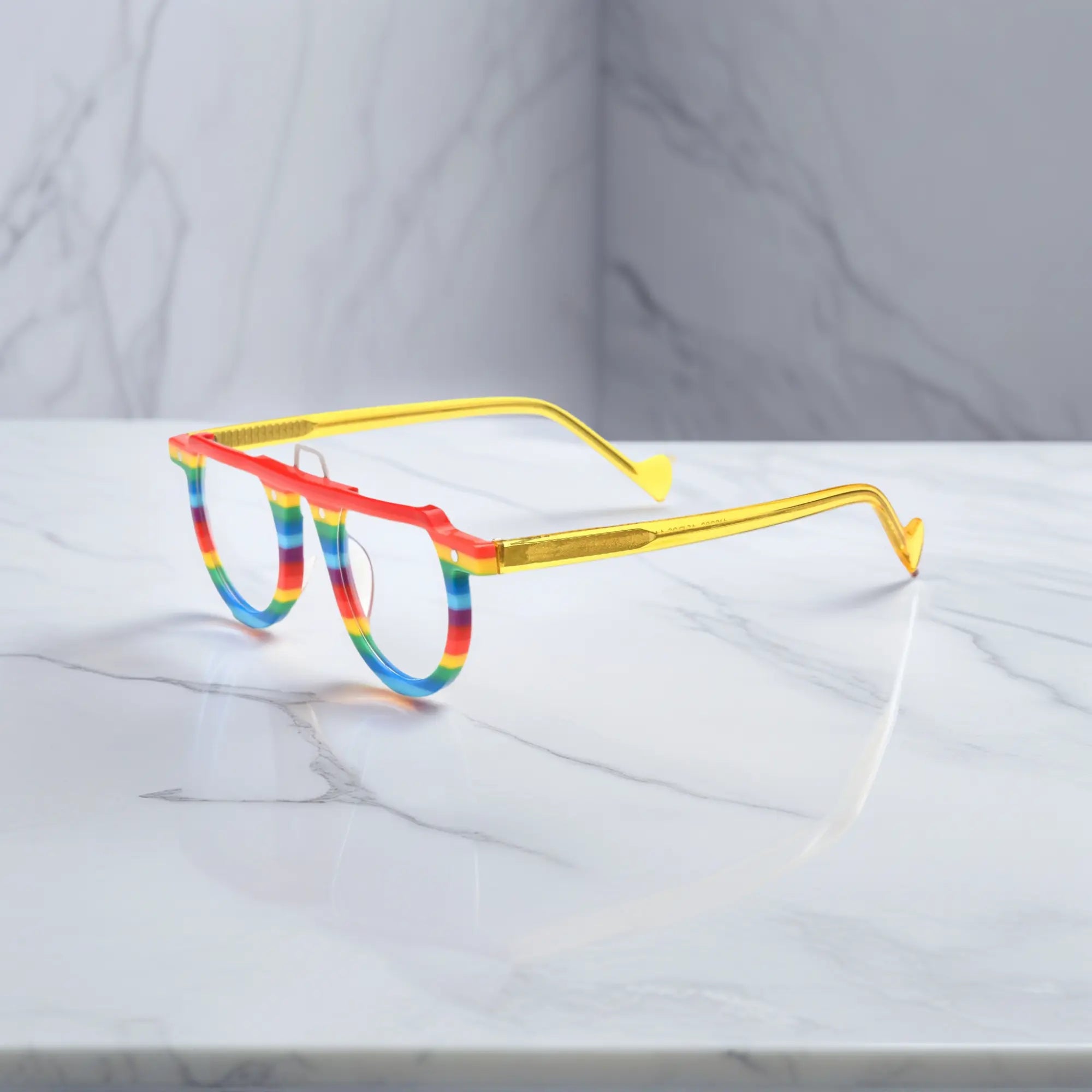 Side view of colorful Rainbow Stripe acetate glasses with round frame design