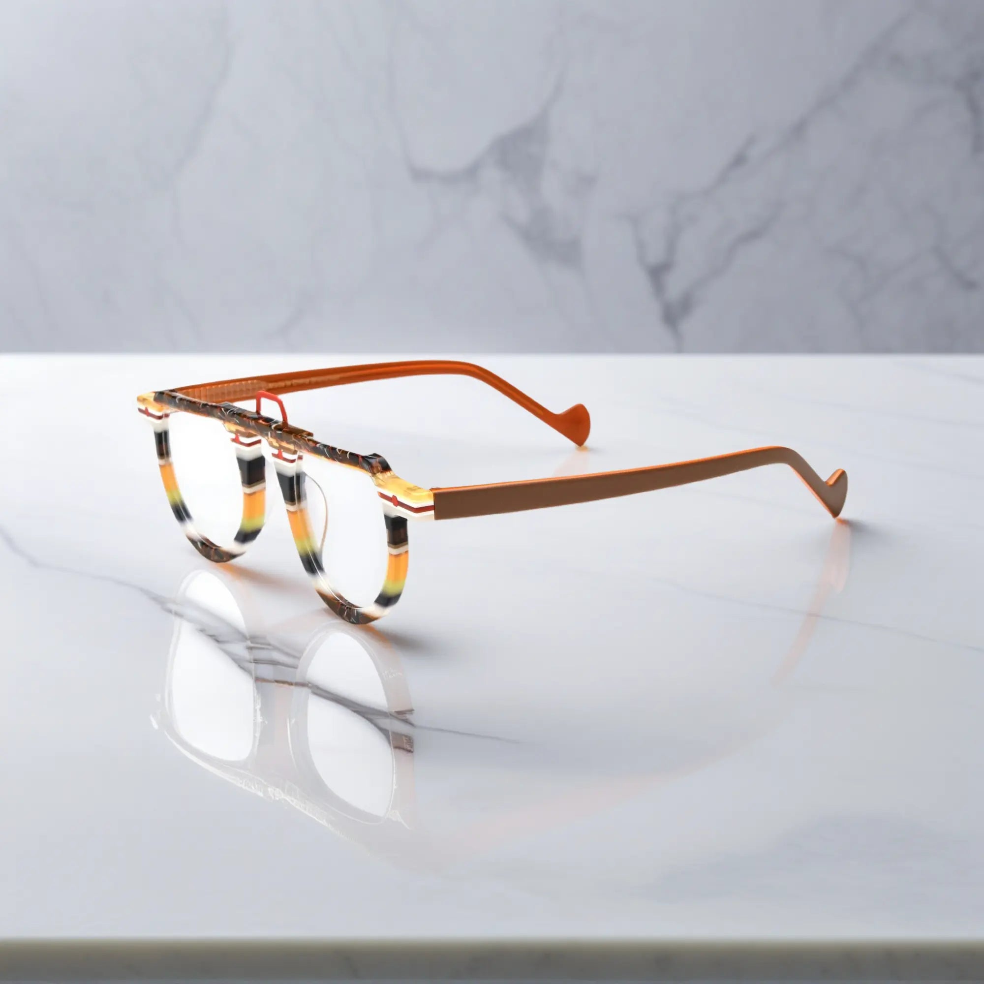 Side profile of VL19383 round glasses in striped amber acetate
