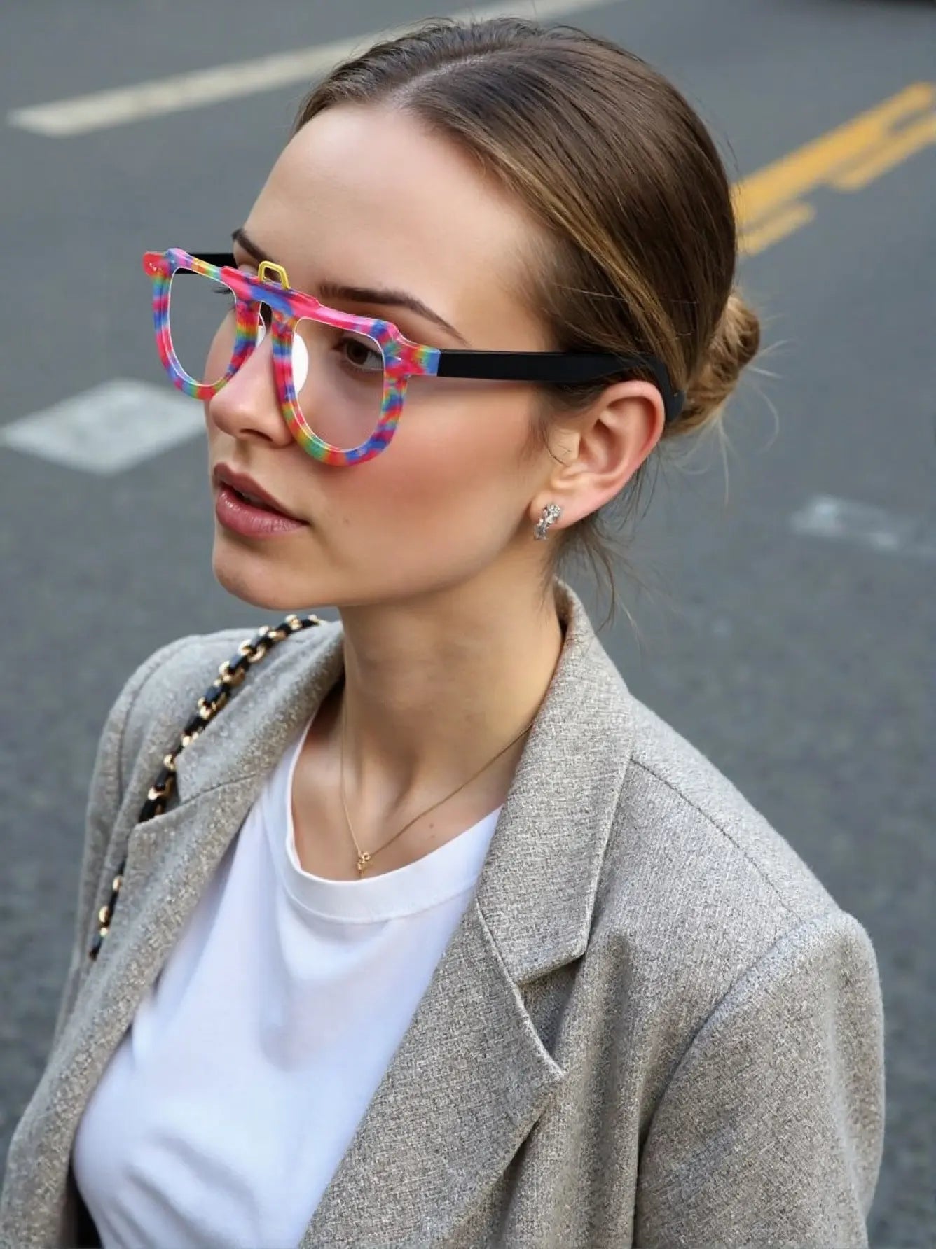 Model wearing VoyueLens™ VL19383 in Rainbow Rush – lively, artistic eyewear style