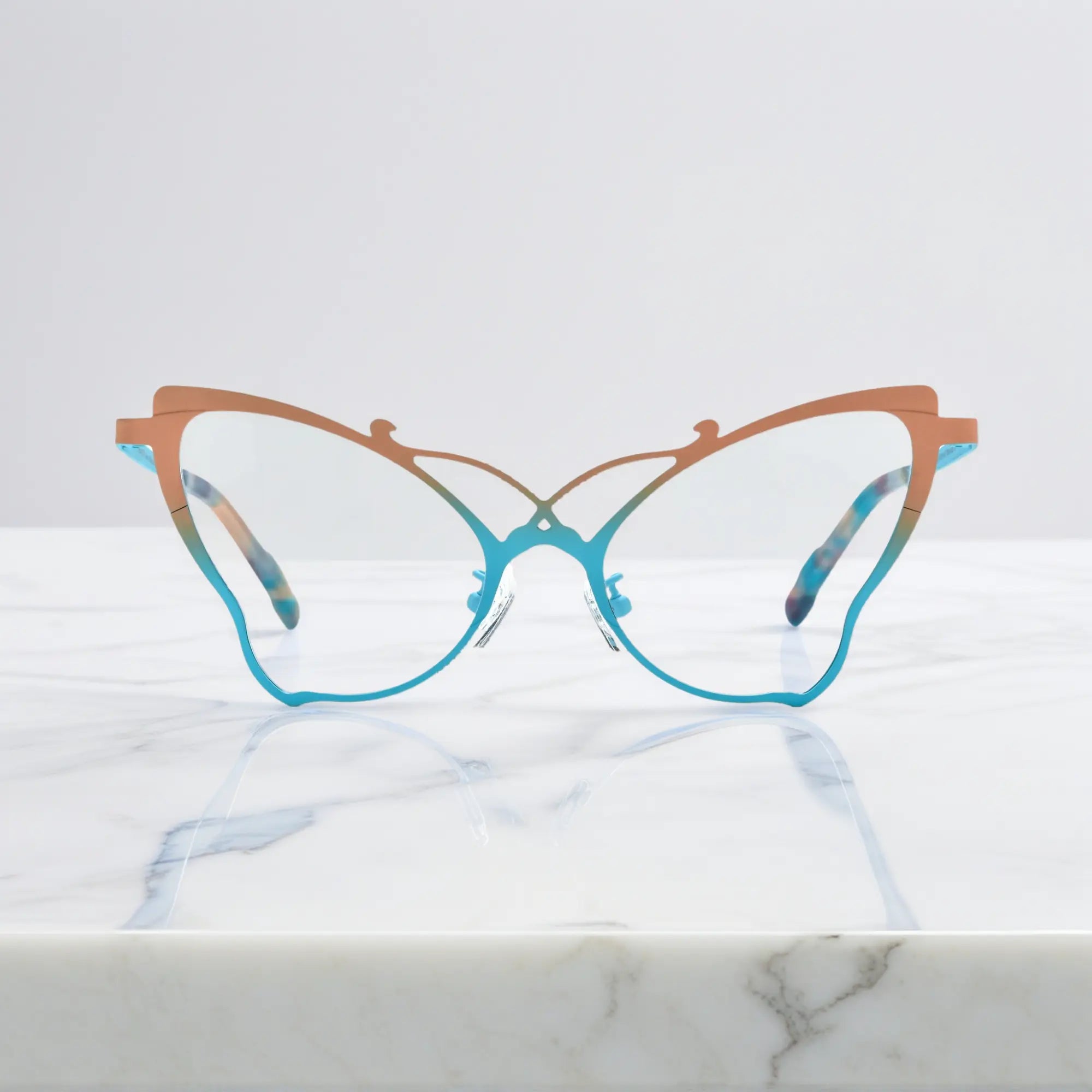 Front of VoyueLens™ VL185862 titanium butterfly eyeglasses in Yellow Blue – a lightweight, colorful, vintage-inspired, prescription ready frame designed for unique artistic style and everyday comfort.