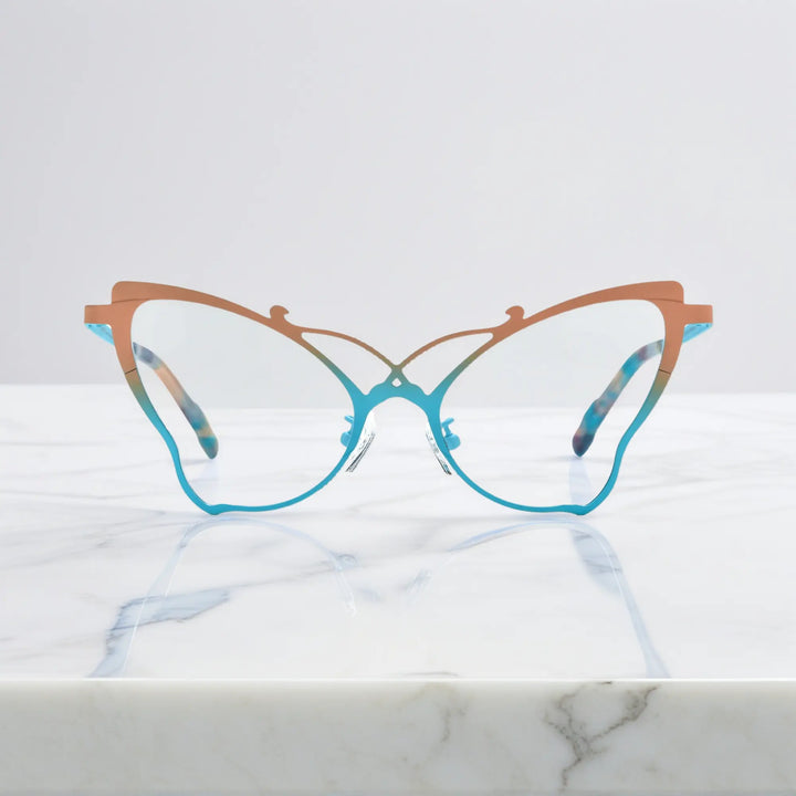 Front of VoyueLens™ VL185862 titanium butterfly eyeglasses in Yellow Blue – a lightweight, colorful, vintage-inspired, prescription ready frame designed for unique artistic style and everyday comfort.