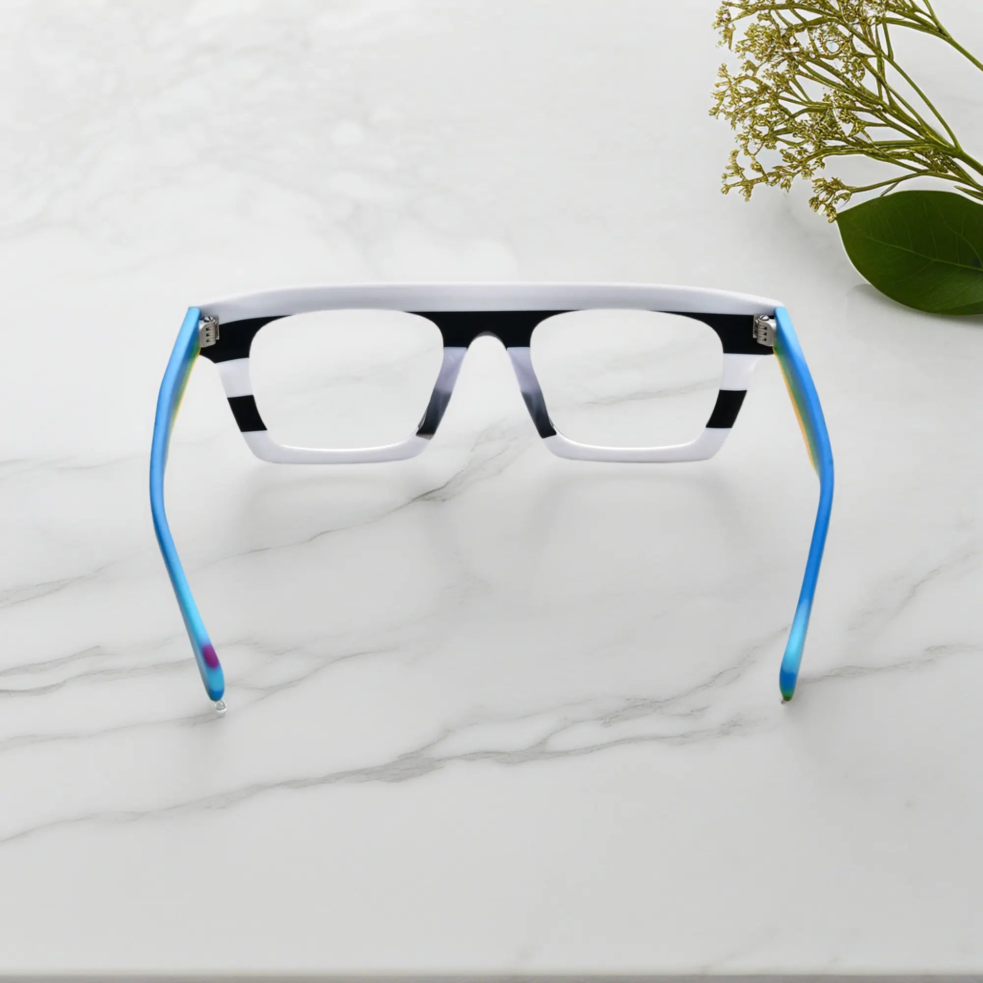 Back angle view showing frame curve and inner detail of VoyueLens Acetate Square Eyeglasses in Zebra Marble