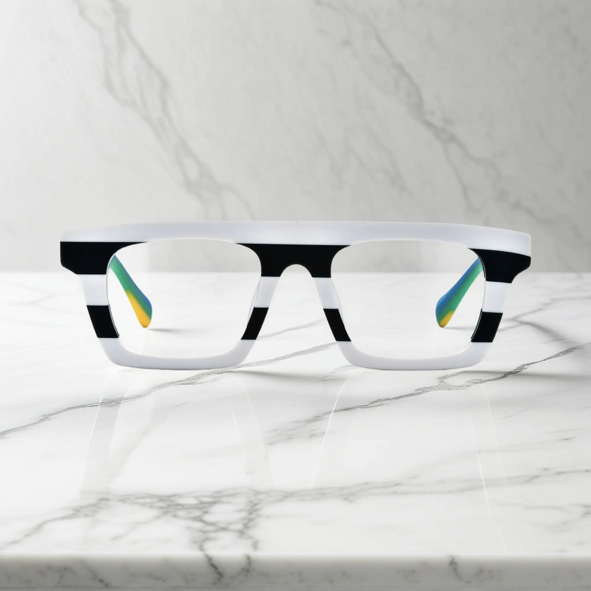 Front-facing view showcasing the bold square frame design of VoyueLens Acetate Square Eyeglasses in Zebra Marble